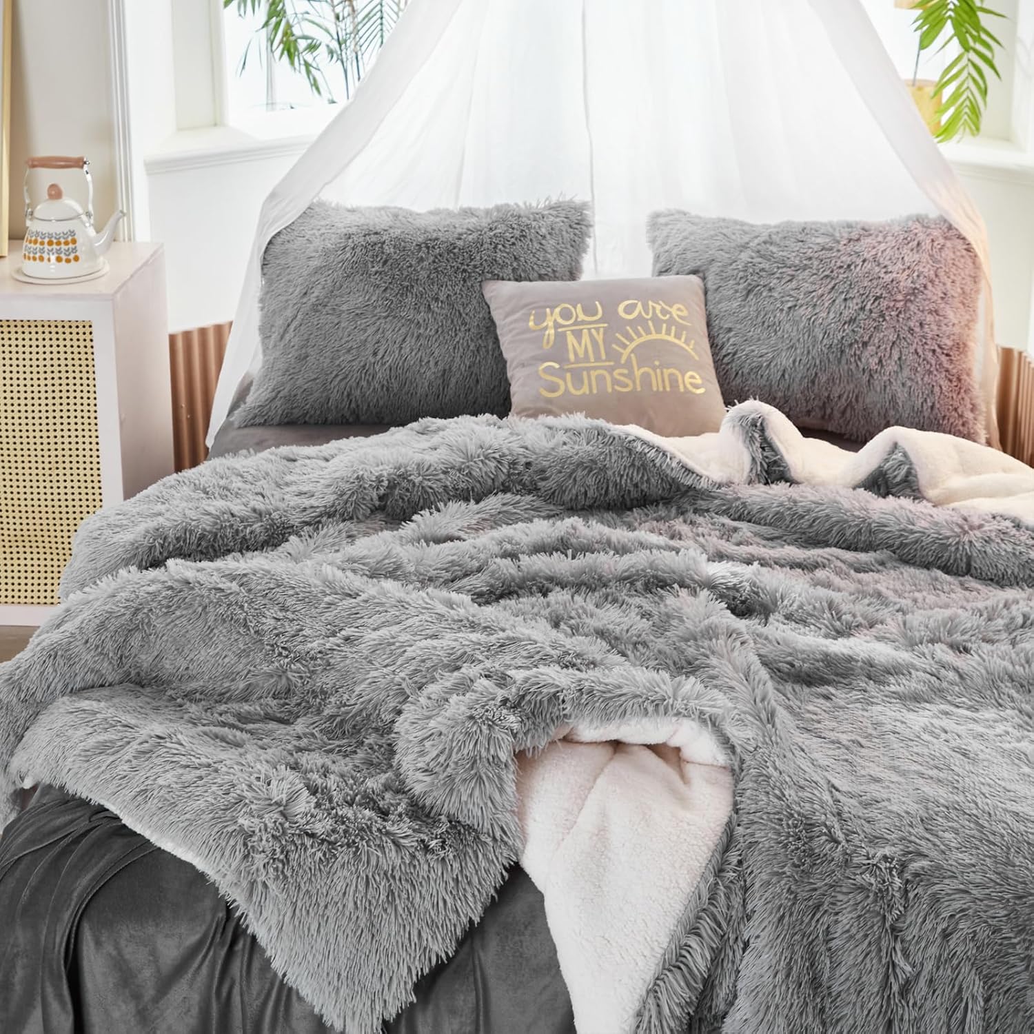 Juego de edredón de lujo de pelo sintético lanudo tamaño individual, edredón reversible de felpa y sherpa, color gris, juego de ropa de cama mullido