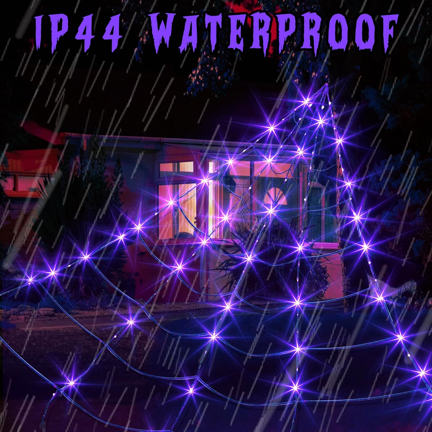 Vanthylit Decoraciones de Halloween para exteriores, luces gigantes de telaraña de 16 x 15 pies con 135 luces LED moradas iluminadas para fiestas,