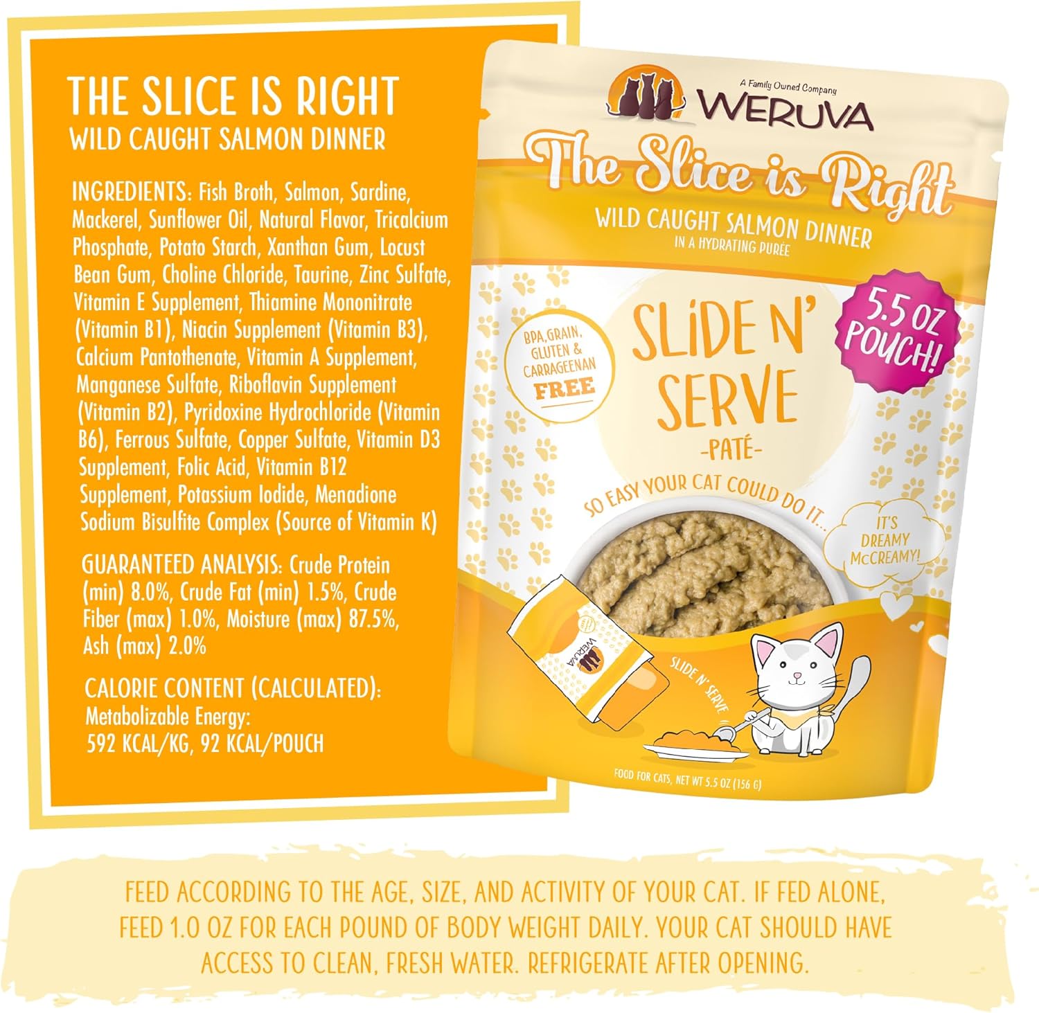 Weruva Slide N’ Serve Paté, alimento húmedo para gatos, The Slice is Right, cena de salmón silvestre, bolsa de 5.5 oz (156 g) (paquete de 12),