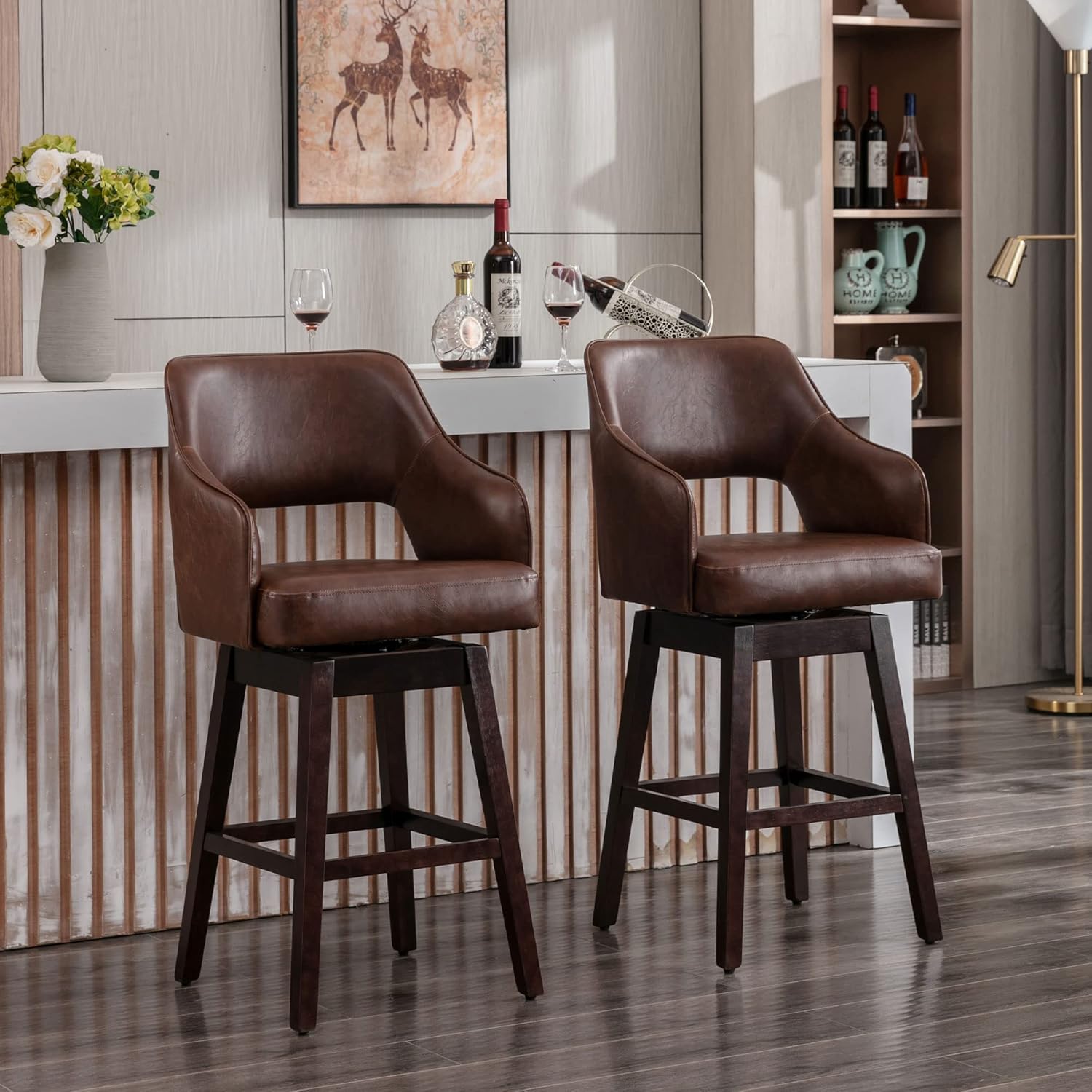 DM Furniture Juego de 2 taburetes de bar de 28 pulgadas de altura de mostrador, de piel sintética, giratorios de 360, con respaldo y patas de