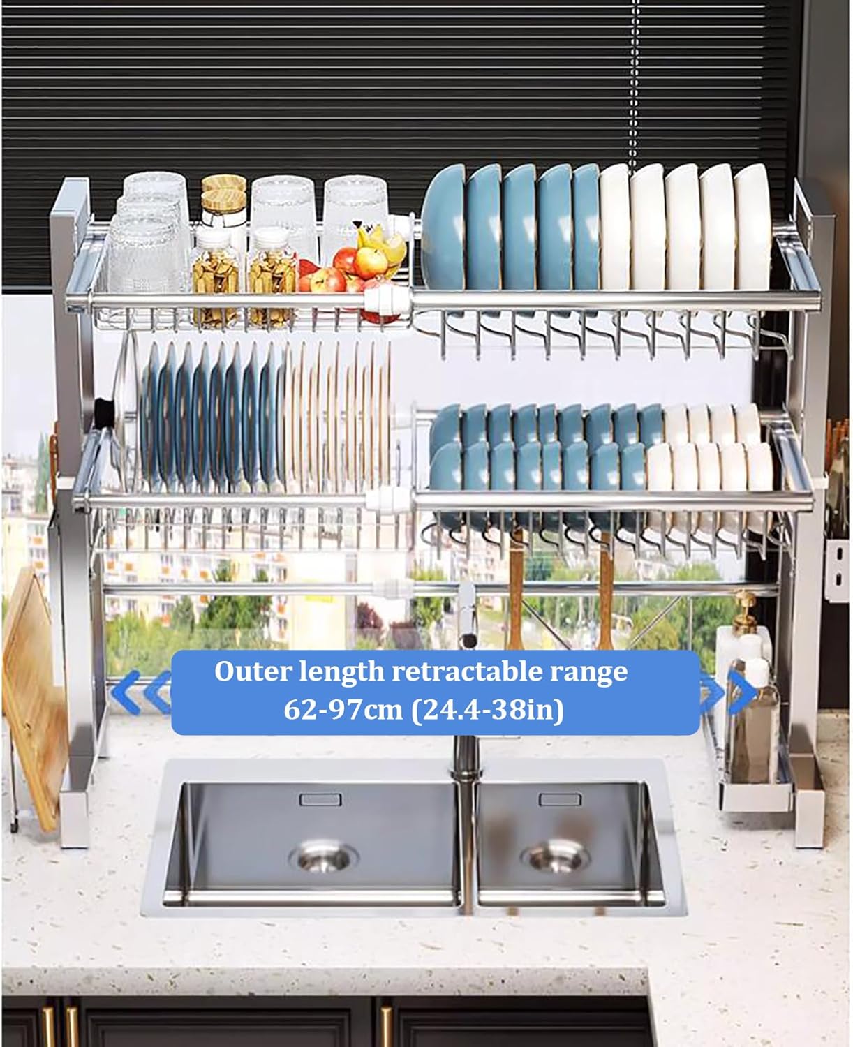 LONONE Escurridor de platos para colocar sobre el fregadero, escurridor de platos grande ajustable para encimera de cocina, acero inoxidable 304, 2