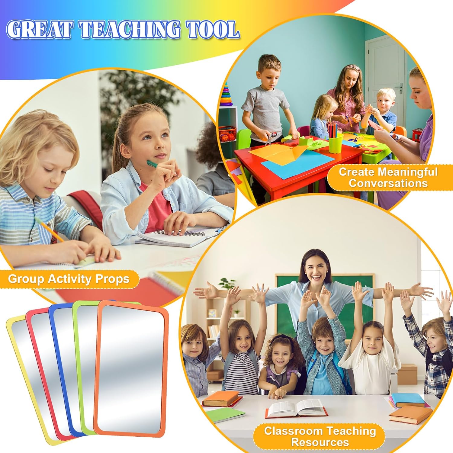 50 espejos pequeños para manualidades, preescolar, a prueba de roturas, espejo de plástico para niños, 6 x 4 pulgadas, esquinas redondas, cuadrado,