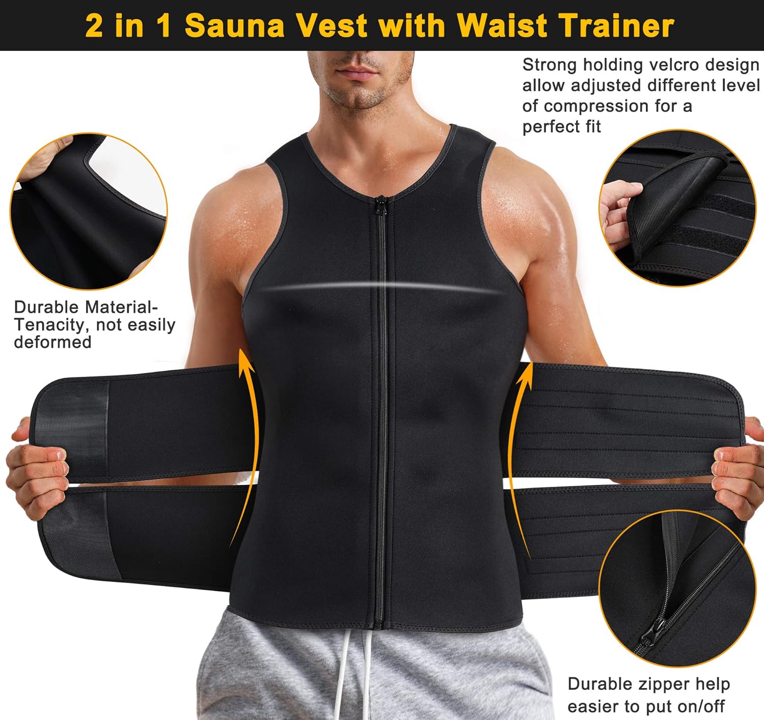 Chaleco de sauna para hombres con cintura con cremallera, neopreno para sauna, sin mangas, chaleco recortador de cintura