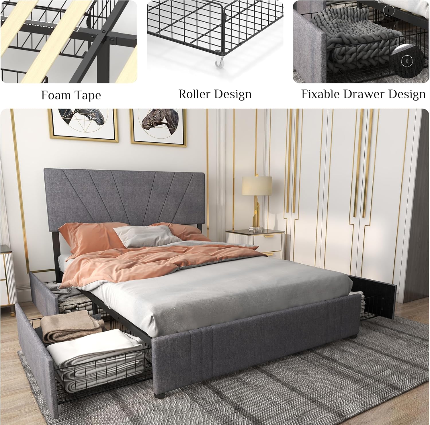 Base de cama de tamaño matrimonial con tapizado y 4 cajones fijos de almacenamiento, cabecera ajustable, embalaje de una caja, no necesita somier,