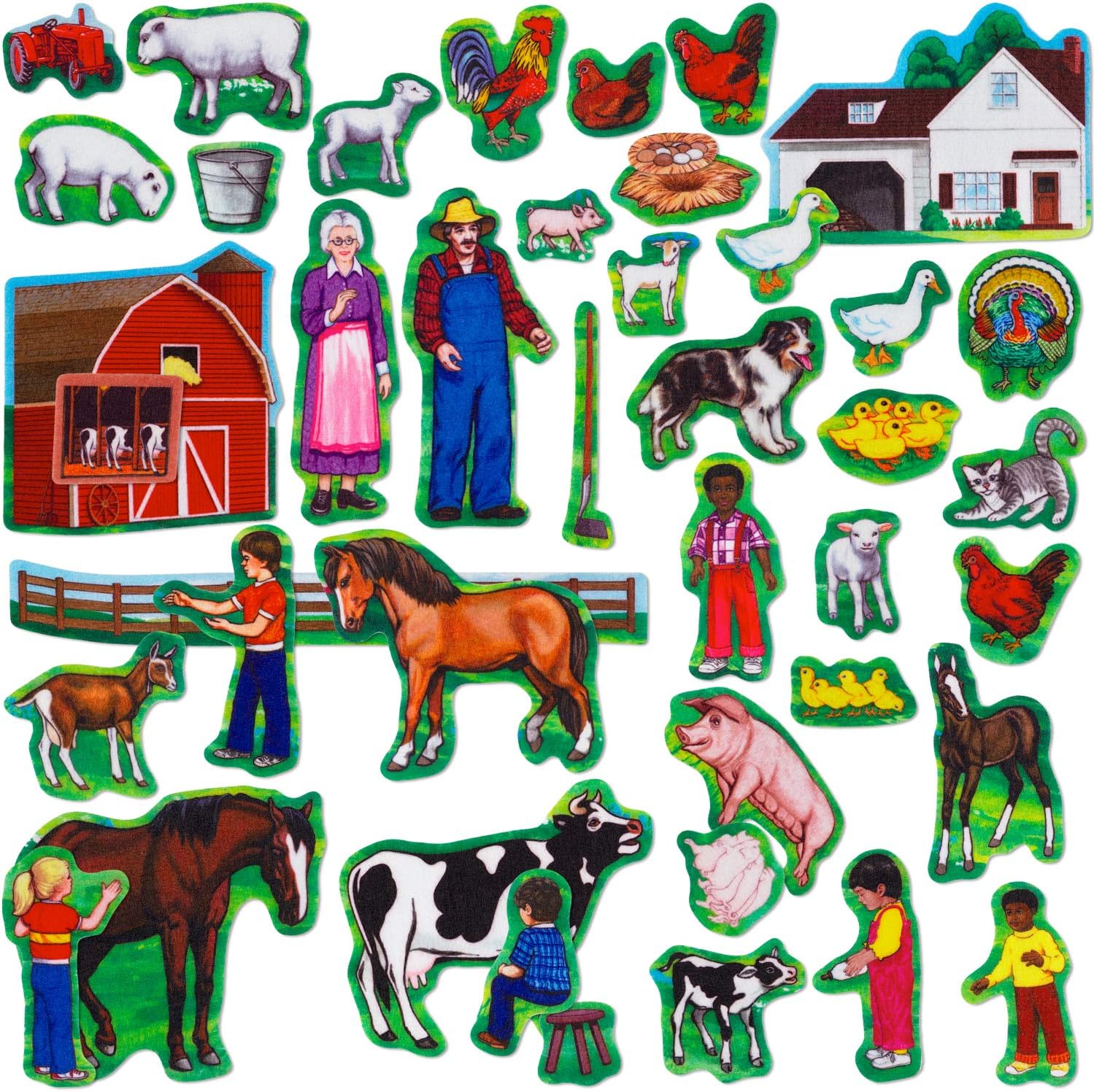 Little Folk Visuals Juego de granja con animales de granja y actividades, juego de juguetes de aprendizaje de fieltro, figuras de tablero de fieltro