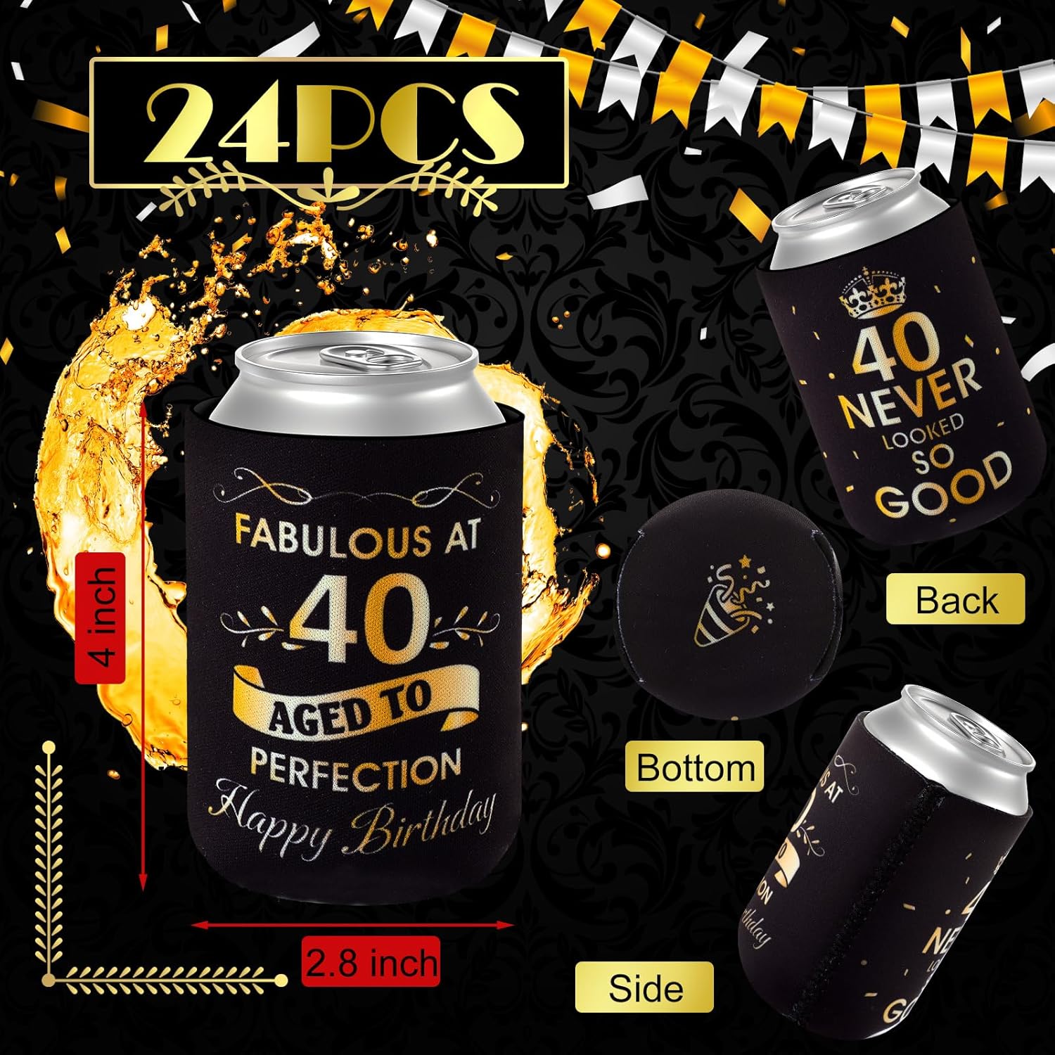 24 piezas de fabulosas decoraciones de cumpleaños 40 para fiestas de cumpleaños de 40 cumpleaños, fundas enfriadoras de latas de bebidas nunca se