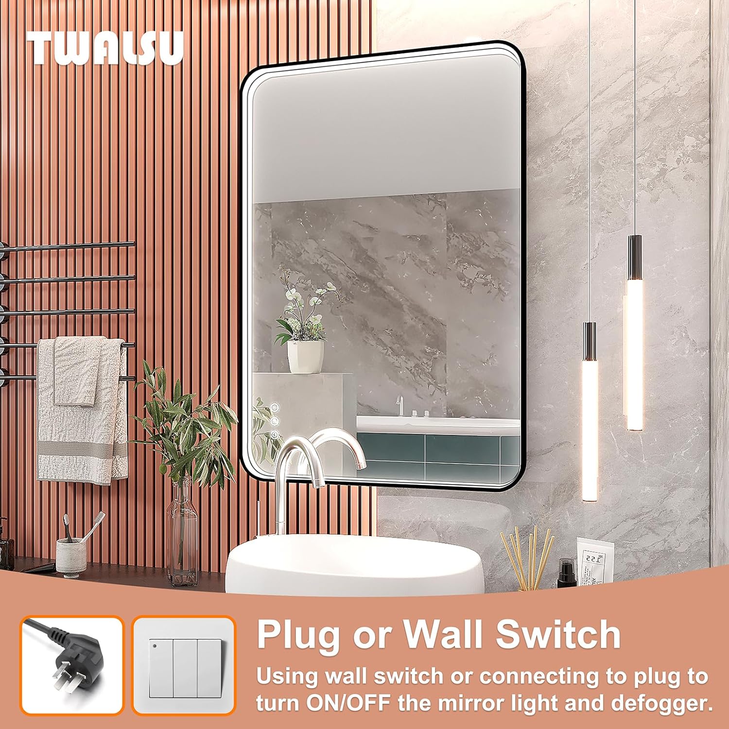 Espejo de baño LED de 24 x 36 pulgadas con luces, espejo de tocador de baño iluminado para pared con marco de metal de aleación de aluminio negro,
