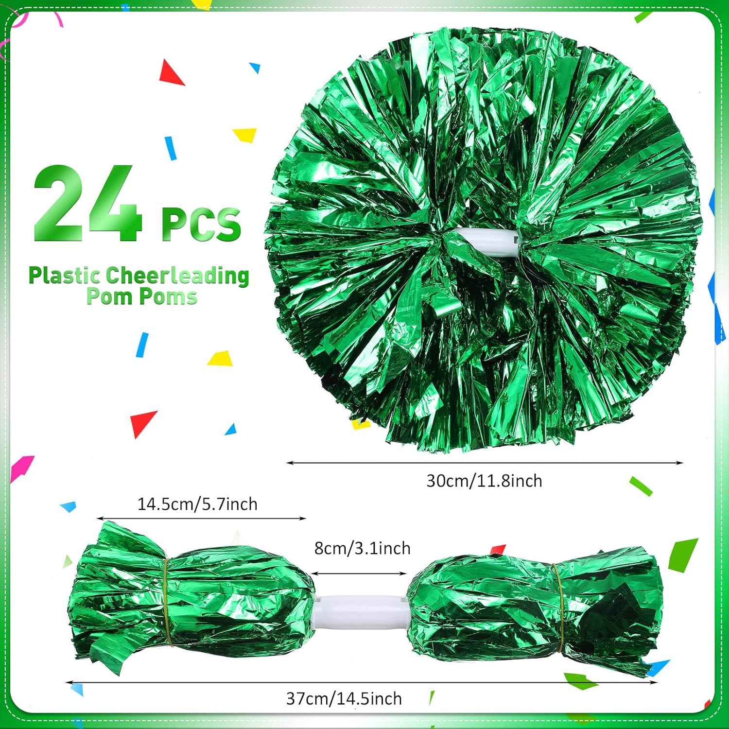 Paquete de 24 pompones de animadora con mango de bastón de 14.5 pulgadas metálicos para animar a niños y adultos (verde)