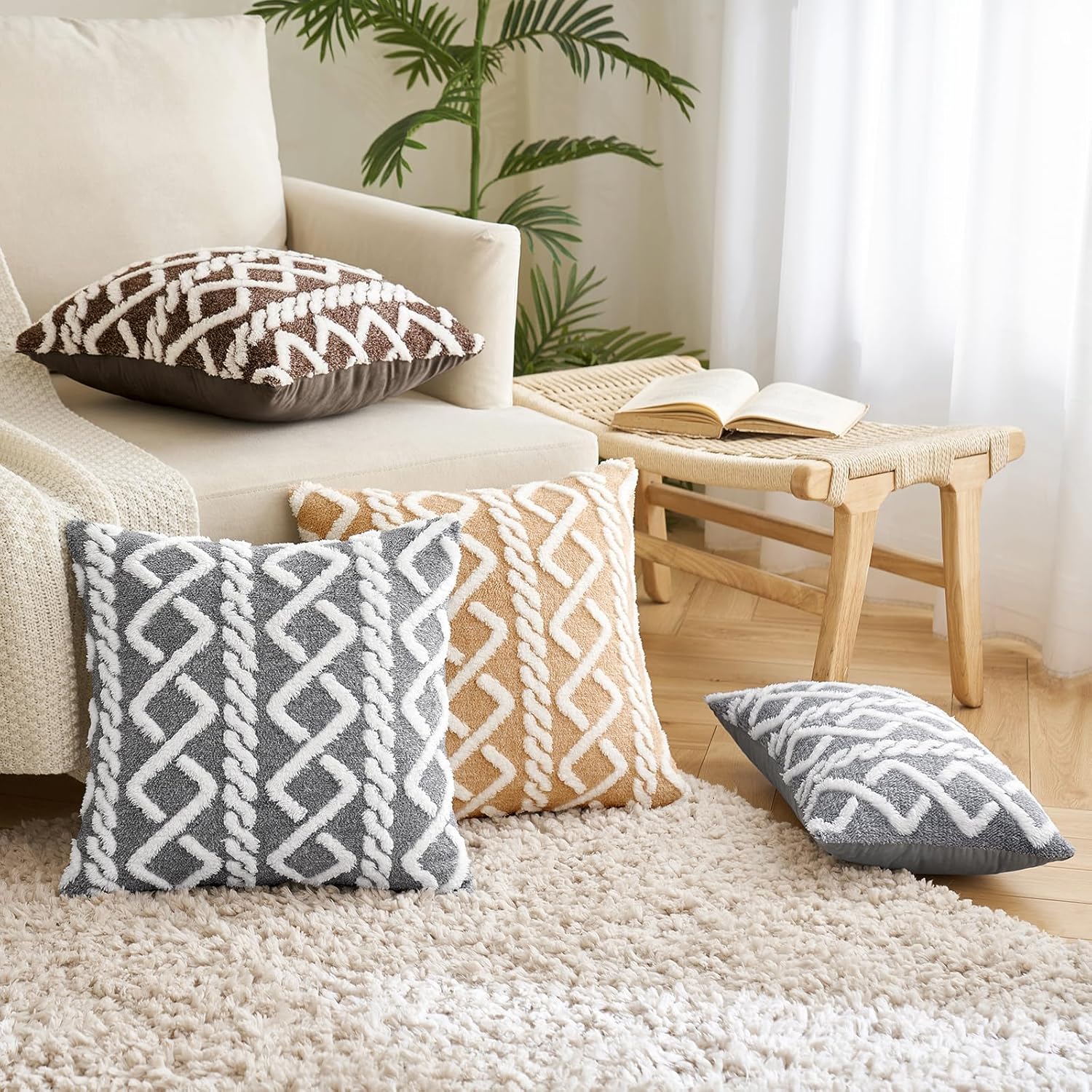 EMEMA Juego de 2 fundas de almohada decorativas de lana sintética, suaves, mullidas, de forro polar, fundas de cojín cuadradas sólidas para sofá,