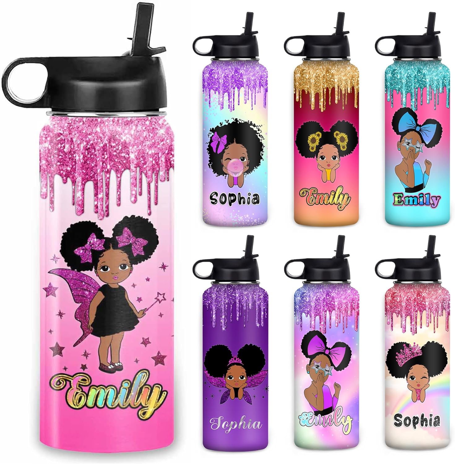 Botella de agua personalizada para niñas con estampado de 18 oz32 onzas, acero inoxidable con nombre personalizado para niños, botella de agua