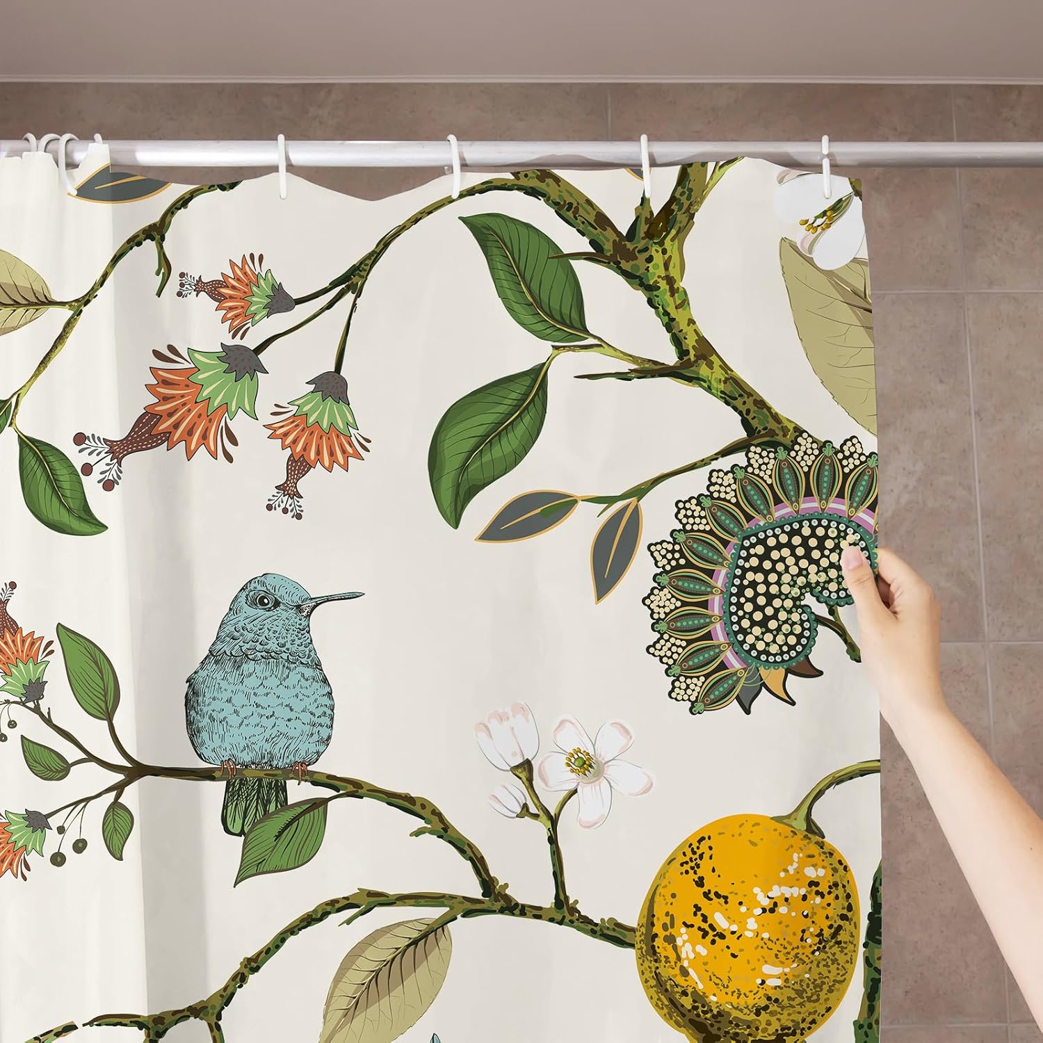 AnyDesign – Cortina de ducha de limón, diseño de pájaros azules, árbol de limón, decoración de baño, juego de cortina de baño retro con ganchos para