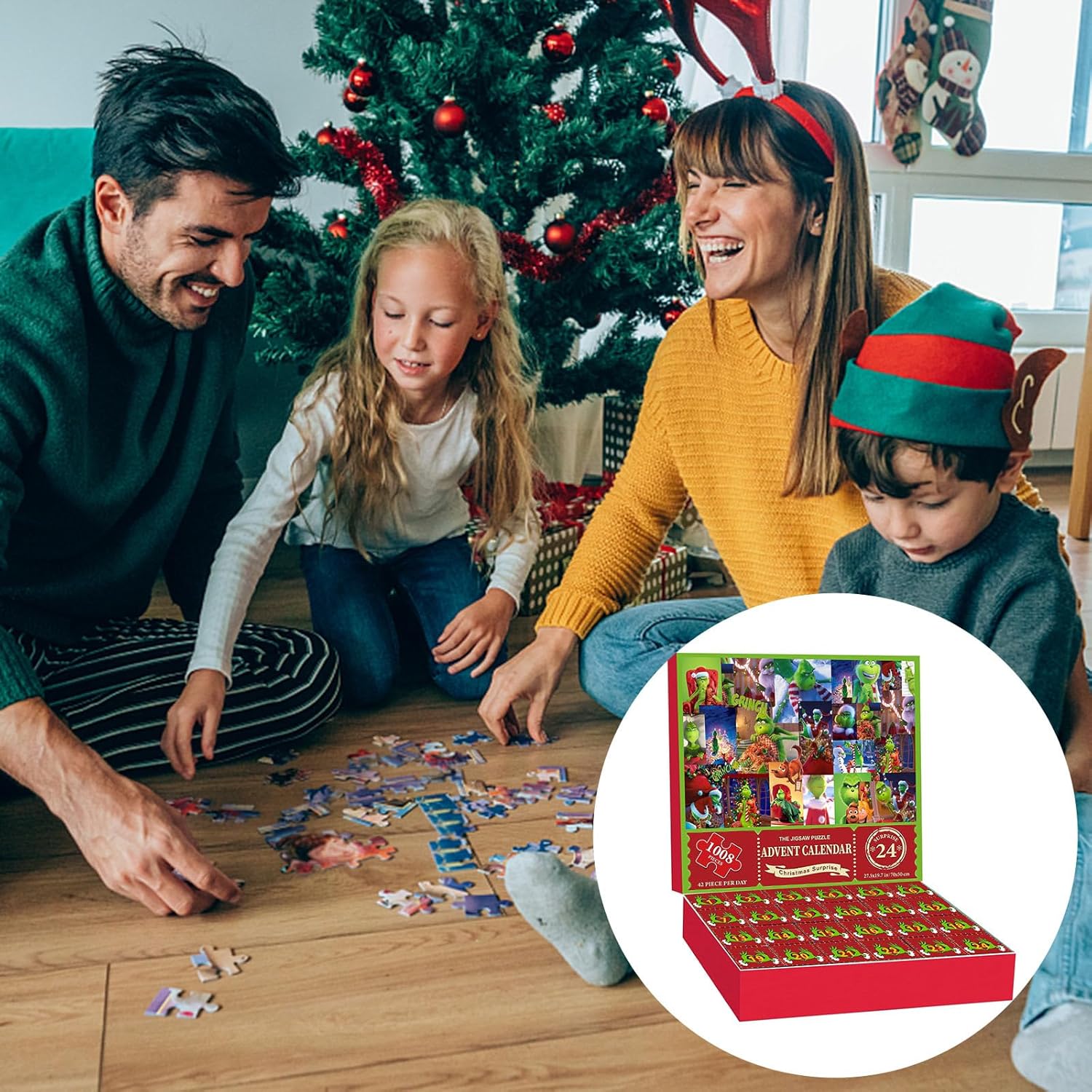 Rompecabezas de calendario de Adviento 2023-1008 piezas para adultos y niños, calendario de cuenta regresiva de Santas Grinchmas de 24 días,