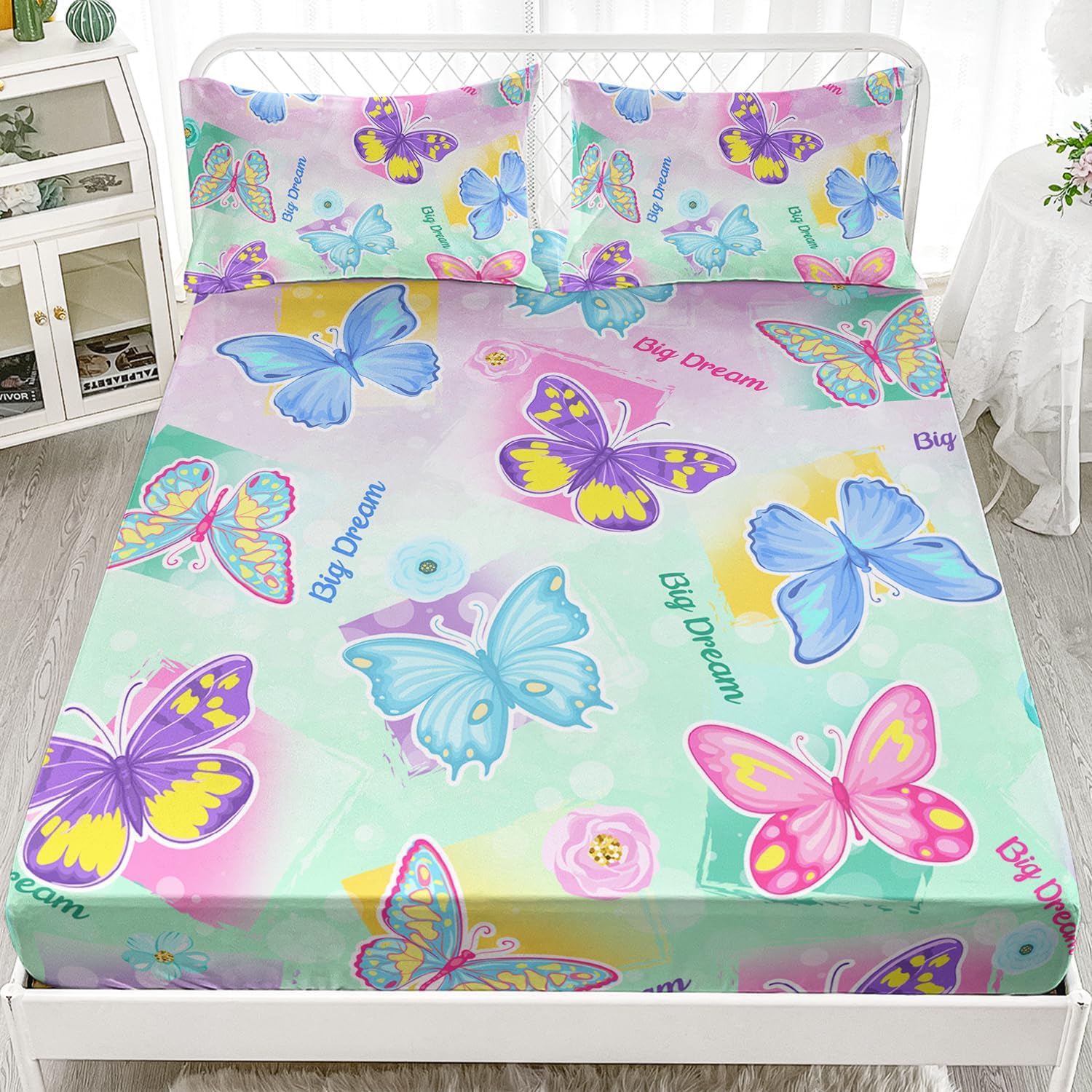 AILONEN Juego de sábanas bajeras de mariposa tamaño individual, juego de sábanas de mariposa para niñas, sábanas coloridas de mariposa para niños,
