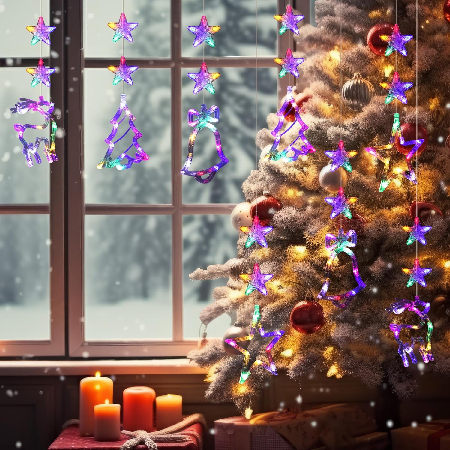 8 luces de ventana de Navidad, campana, árbol, estrella, decoración de ventana de Navidad, funciona con pilas, cadena de luces colgantes para