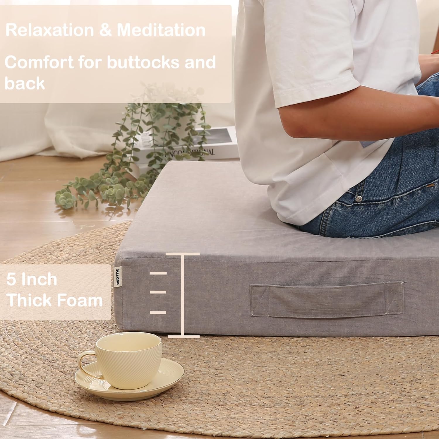 Kisdsa Almohada de suelo grande para adultos, cojín cuadrado de suelo para adultos, cojín de meditación para asiento de almohada de suelo, cojín de
