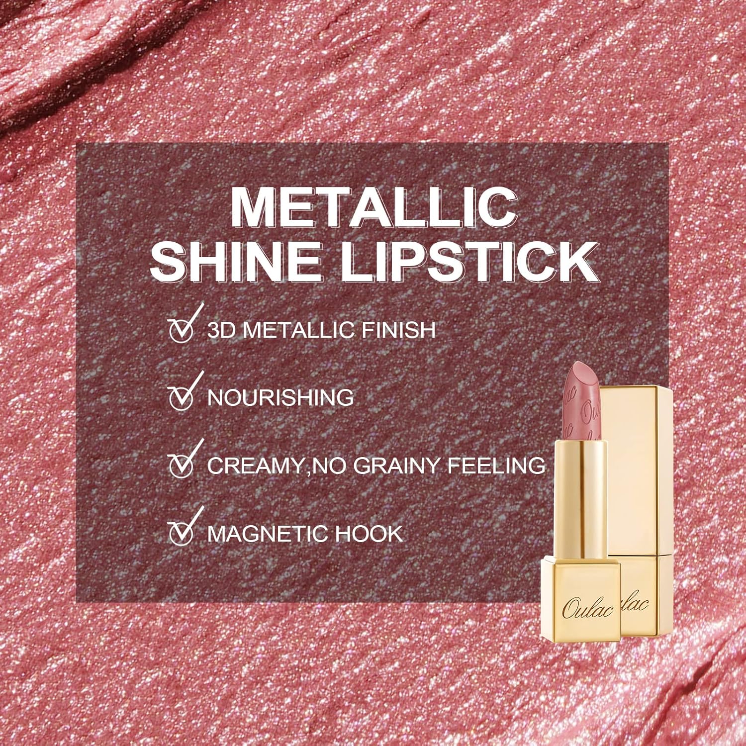 Oulac Lápiz labial rosa claro para mujer con brillo metálico 3D fórmula hidratante ligera, color de labios de alto impacto, belleza vegana y sin