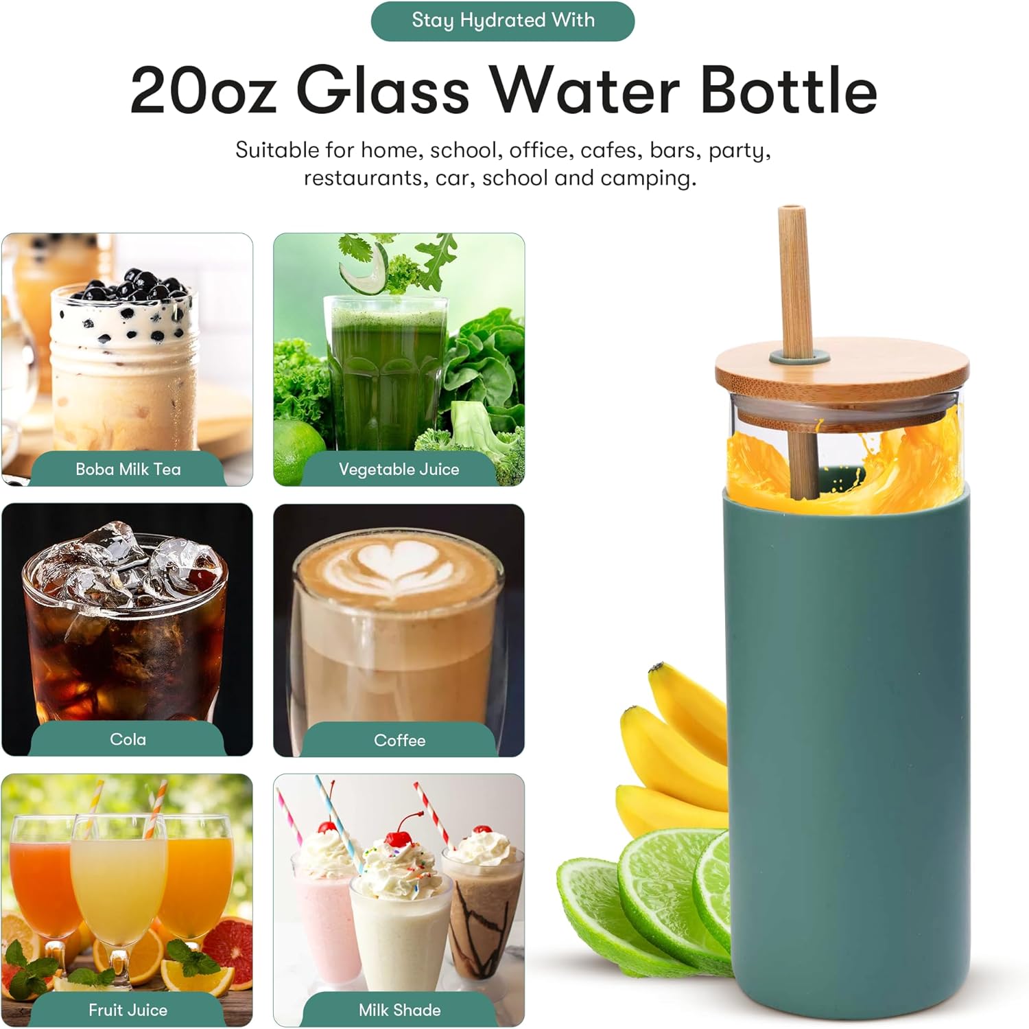 Vaso de vidrio, vaso de café helado con pajilla, vaso de vidrio con funda de silicona, tazas de vidrio de 20 onzas con tapas y pajitas de bambú,