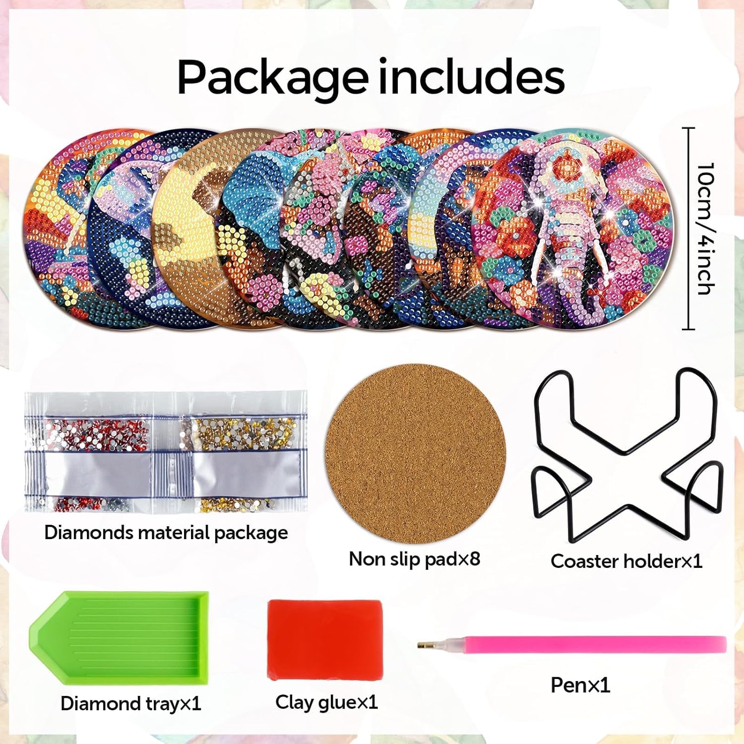 Juego de 8 posavasos de elefante con diamantes con soporte, posavasos de arte de diamante de elefante con bases de corcho para adultos, kits de