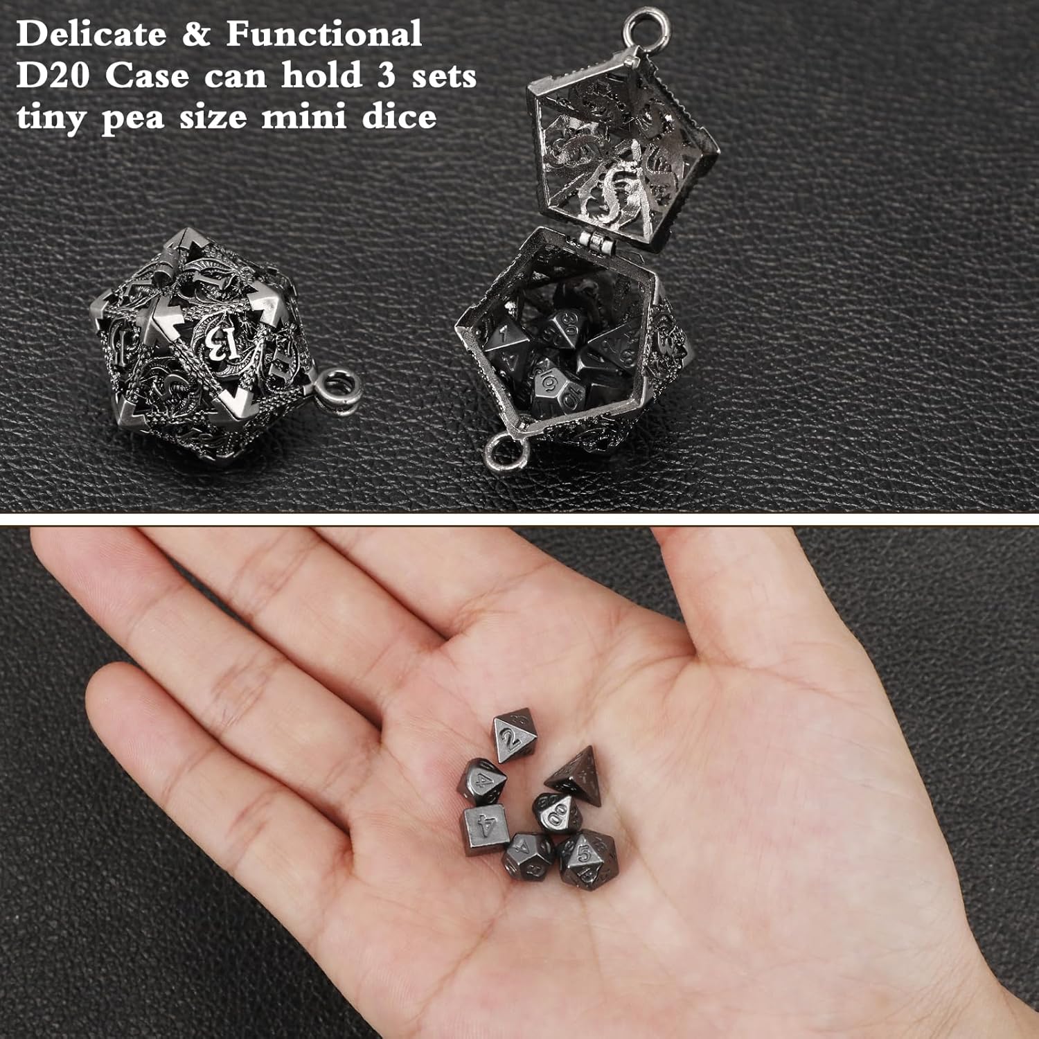 Syhood Juego de dados pequeños, 7 piezas de dados pequeños de metal, collar hueco D20, estuche de dados, llavero, juegos de mesa para juegos de rol,