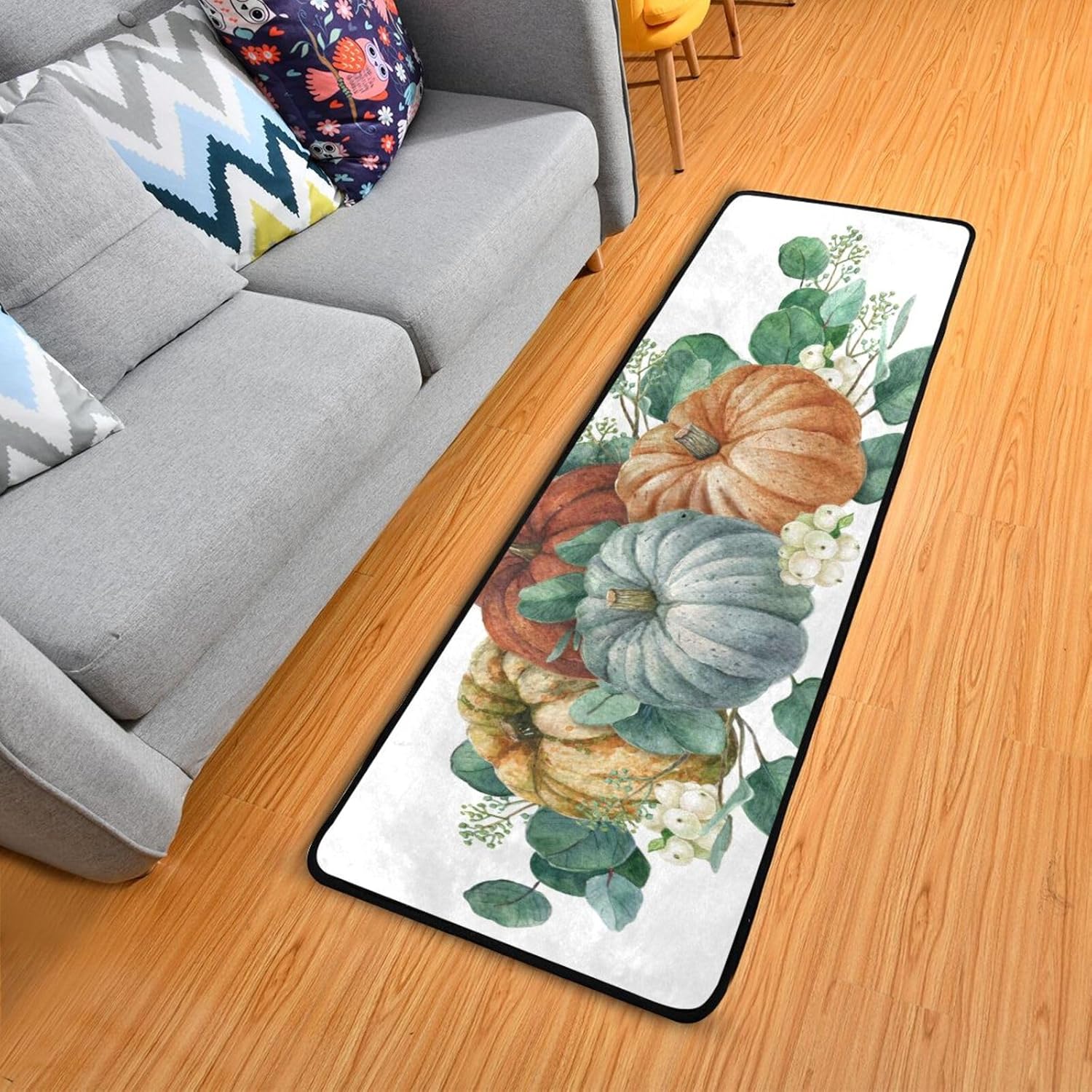 Alfombra antideslizante con hojas de calabaza, bayas, escena de cosecha de acuarela, lavable, alfombra de pasillo para lavandería, alfombra suave