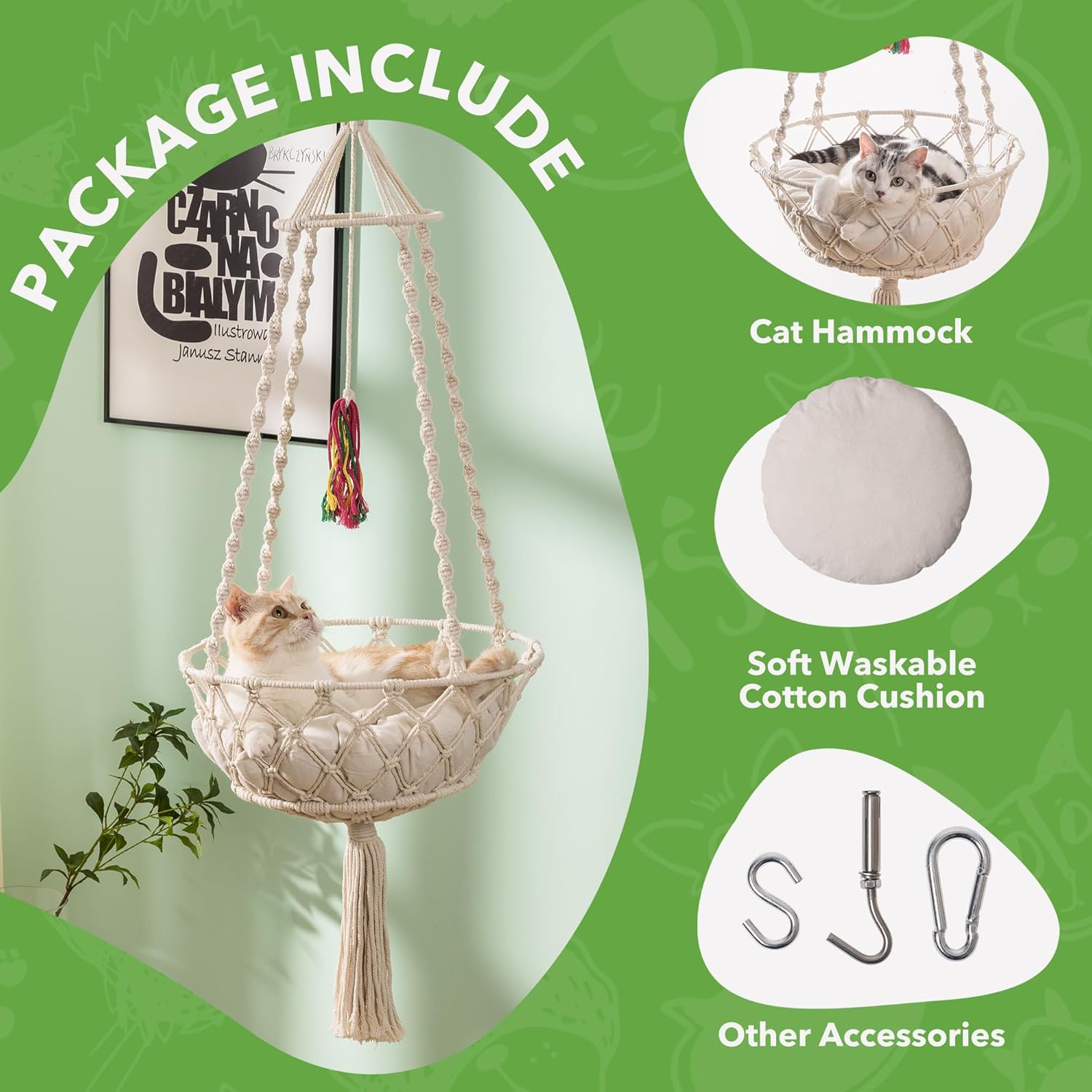 MEWOOFUN Hamaca colgante de macramé, cama tejida a mano para gatos con alfombrilla de algodón lavado y divertido juguete para gatos para dormir