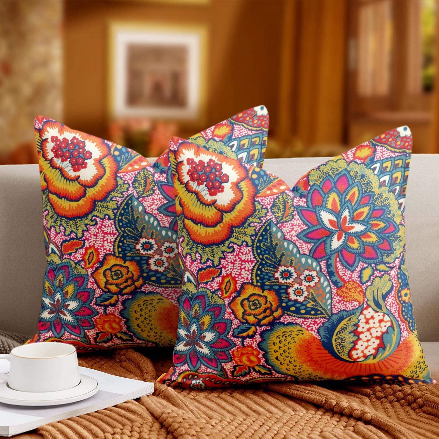 FUIAOIUE Juego de 2 fundas de almohada bohemias, coloridas fundas de almohada florales abstractas de 18 x 18 pulgadas, fundas de almohada suaves