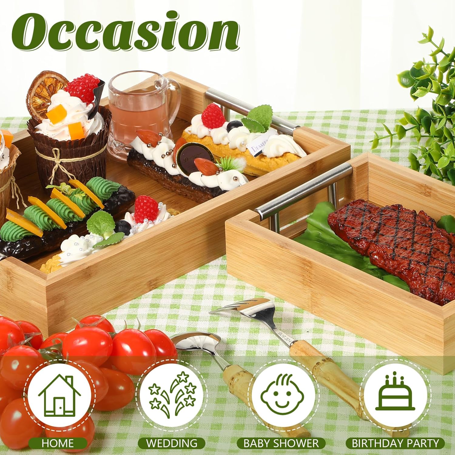 Barydat Juego de 3 bandejas de bambú para servir con asas de metal, bandejas otomanas de madera para anidar, platos de comida y bandejas para