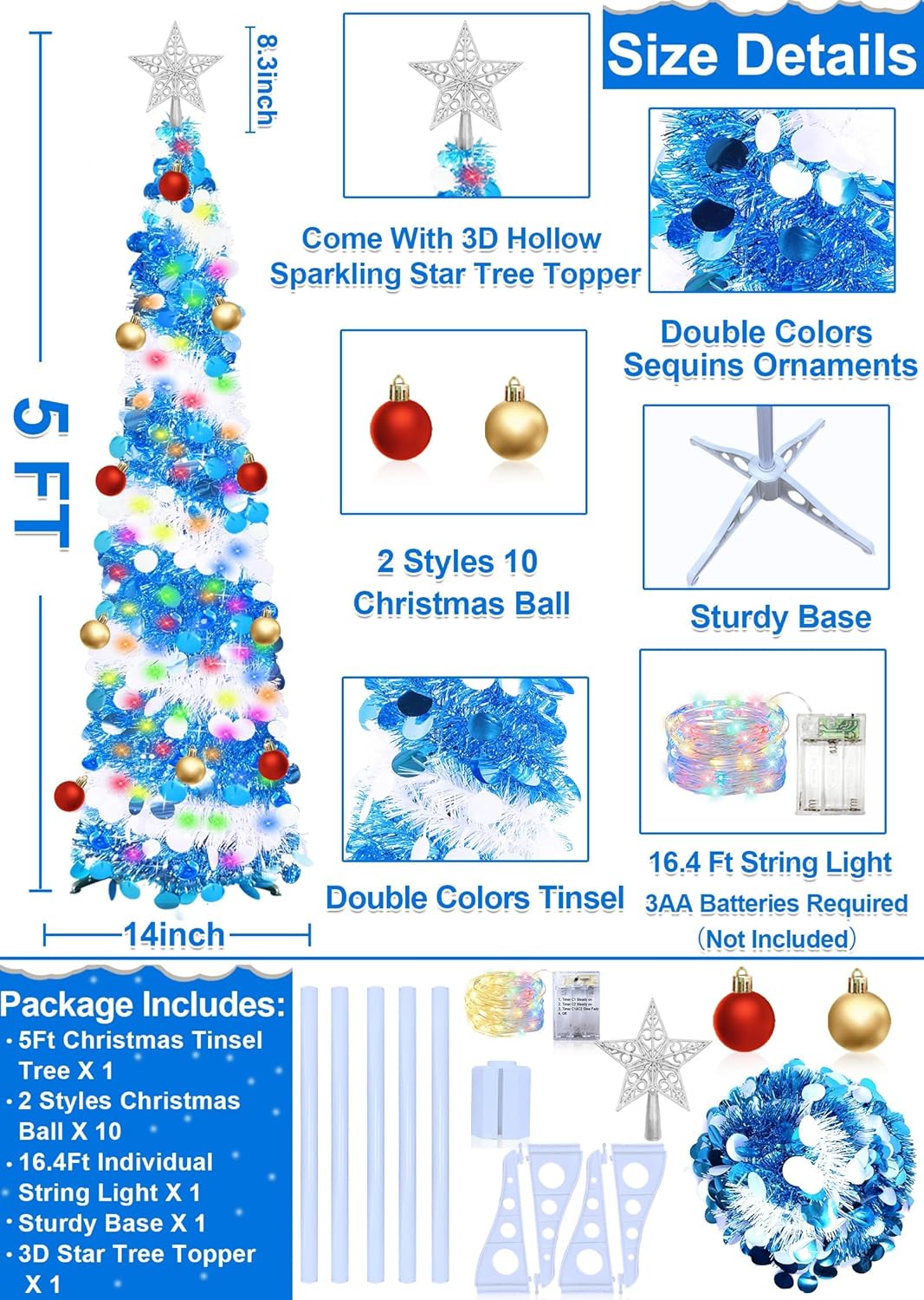 Interruptor y temporizador de doble color Árbol de Navidad de lápiz de 5 pies con 50 luces de cambio de color blanco cálido y multicolor, 10 bolas,
