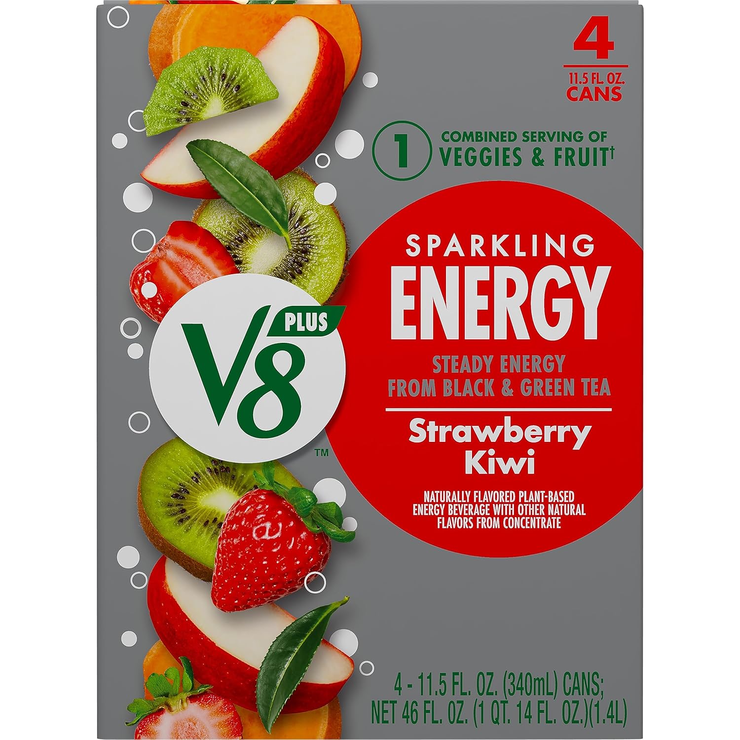 V8 SPARKLING +ENERGY – Bebida energética de fresa y kiwi, lata de 11.5 onzas líquidas (paquete de 4)