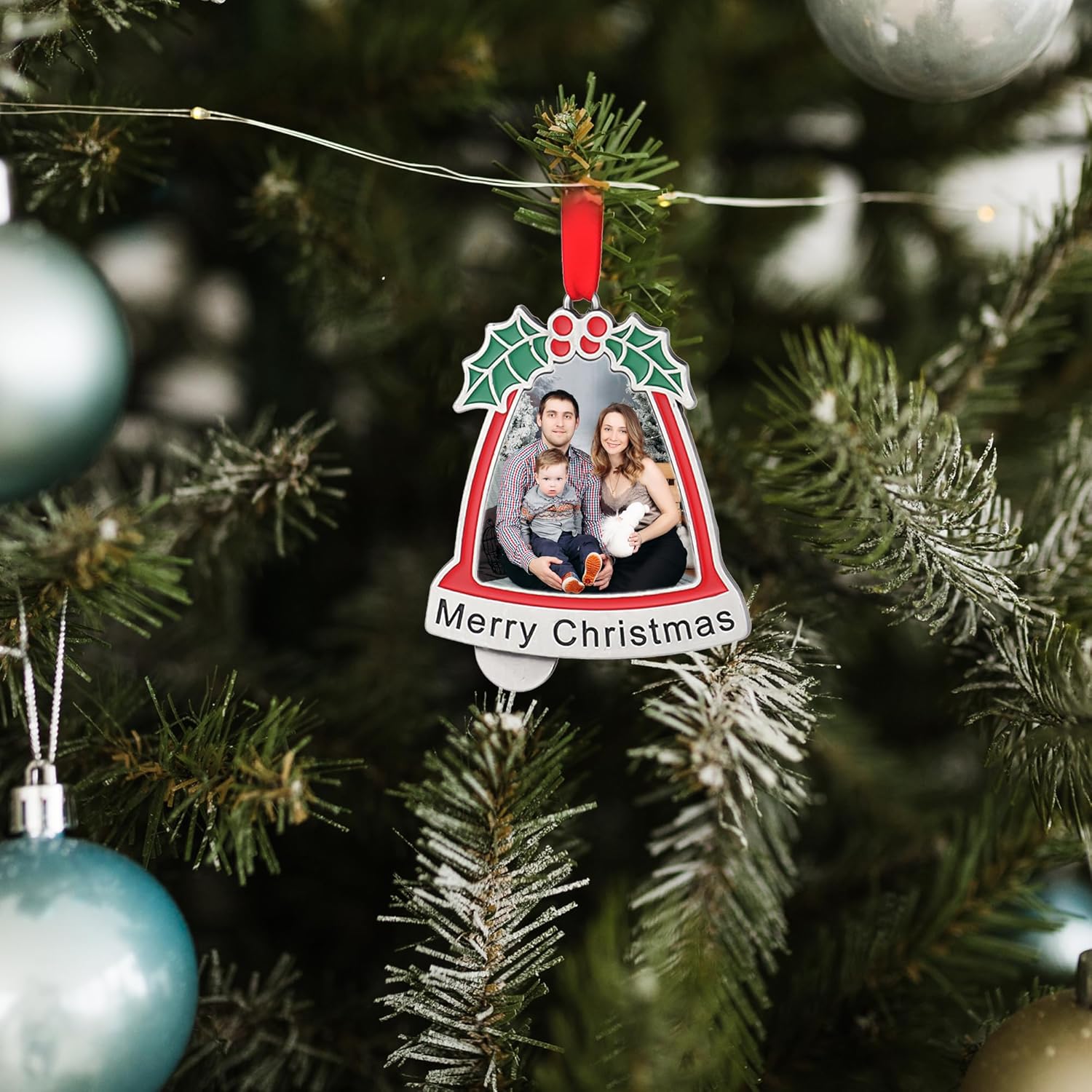 Adorno colgante de fotos personalizado, con imagen y texto, carga cualquier foto, personaliza adorno transparente de Navidad, para la familia