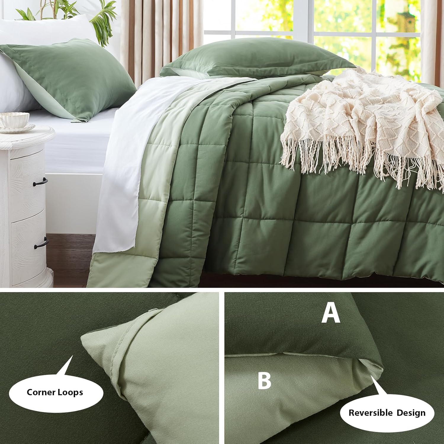 SunStyle Home Juego de edredón tamaño Queen, edredón alternativo ligero de 3 piezas, suave y reversible, para todas las estaciones (verdeverde