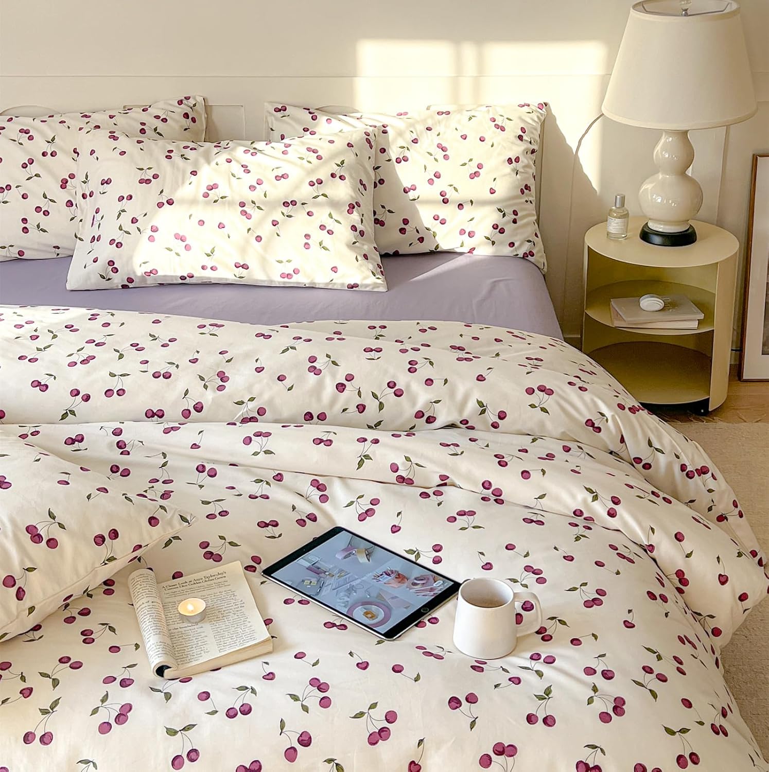 VM VOUGEMARKET Juego funda de edredón con estampado de cerezo para niñas, tamaño Queen, con 2 fundas de almohada, 100% algodón, de frutas para niñas