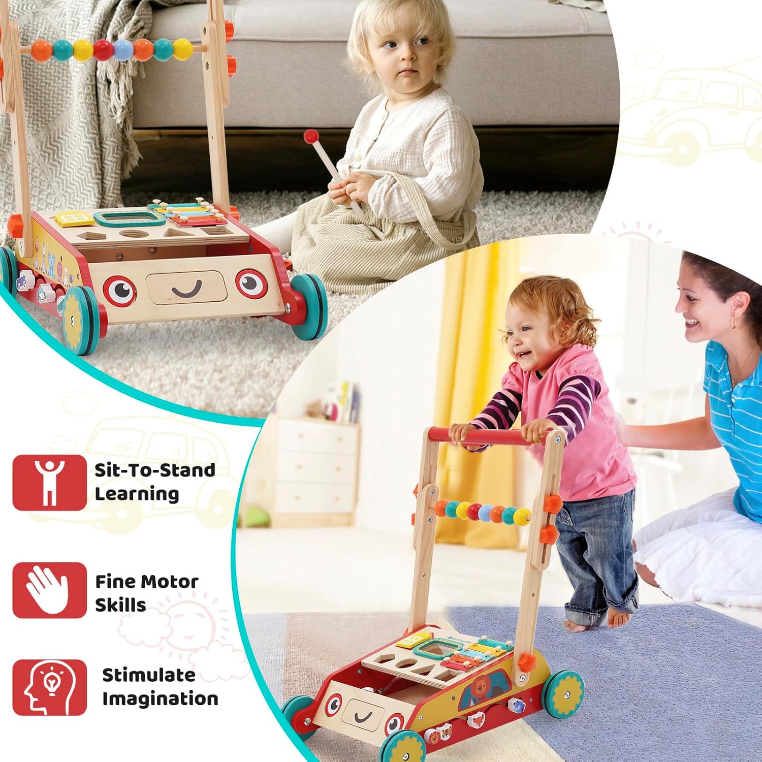 Andador de madera para bebés con centro de actividades de entretenimiento múltiple, caminadores de aprendizaje sentado a pie para niños de 9 meses y