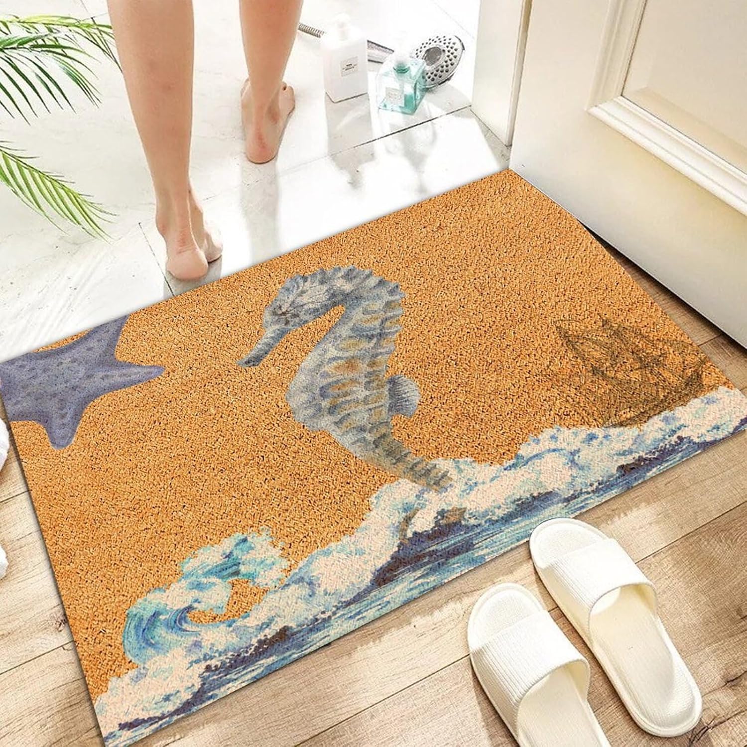 Tapete para puerta delantera con temática náutica del océano y playa, resistente a la suciedad, acuarela, vida tropical, fibra de coco tropical,