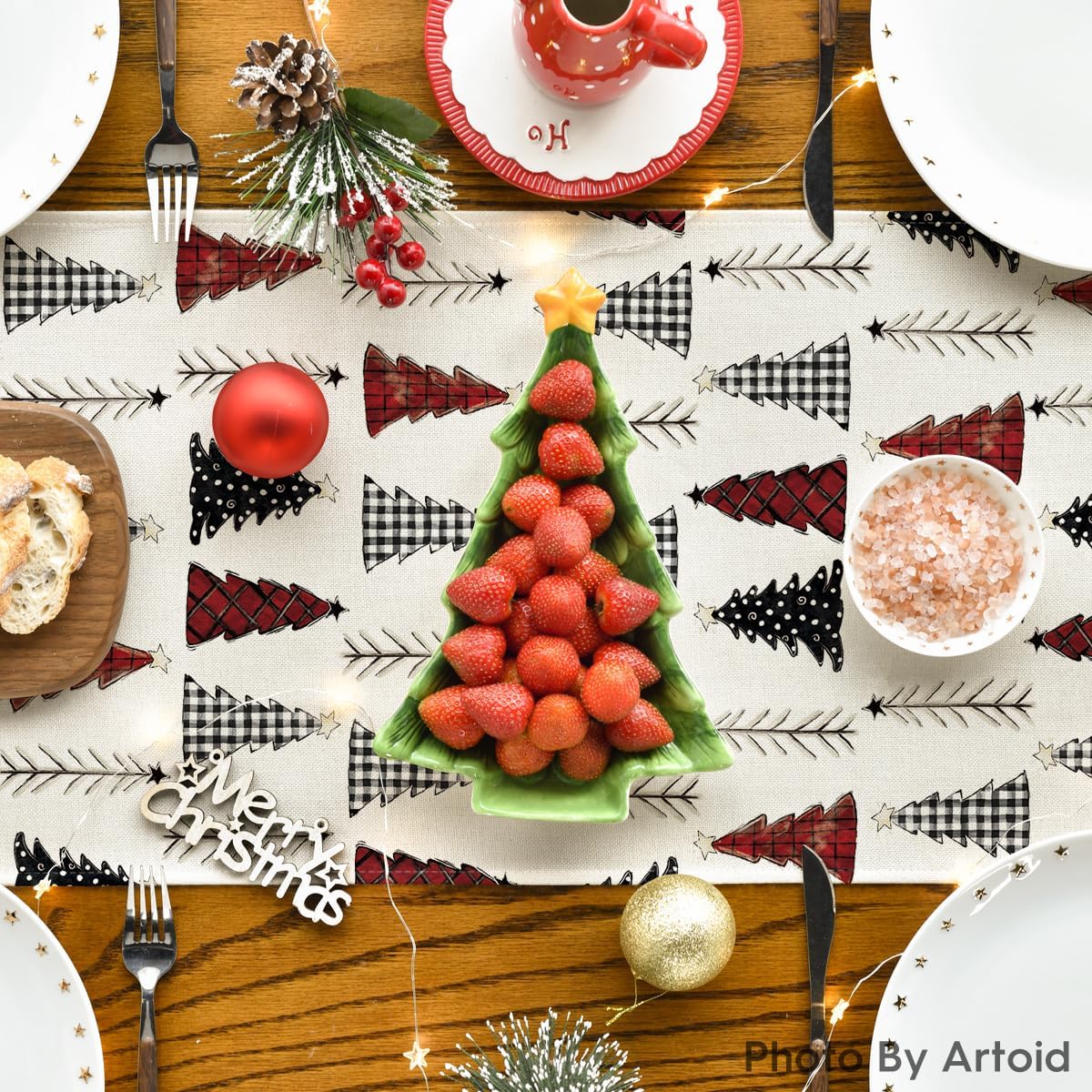 Artoid Mode Camino de mesa de árbol de Navidad, decoración de mesa de comedor de cocina de invierno de temporada para decoración de fiesta del