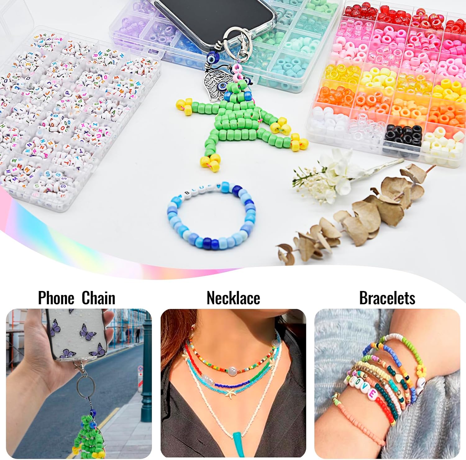 JOJANEAS Kit de 2400 cuentas de pony arcoíris, 48 colores Kandi Beads Kit de fabricación de pulseras coloridas para hacer pulseras, kit de pulseras