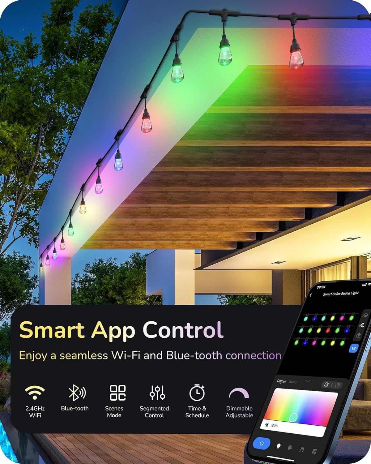 EDISHINE Guirnalda de luces inteligentes para exteriores, luces de patio que cambian de color de 48 pies con 18 bombillas LED RGBW, aplicación y