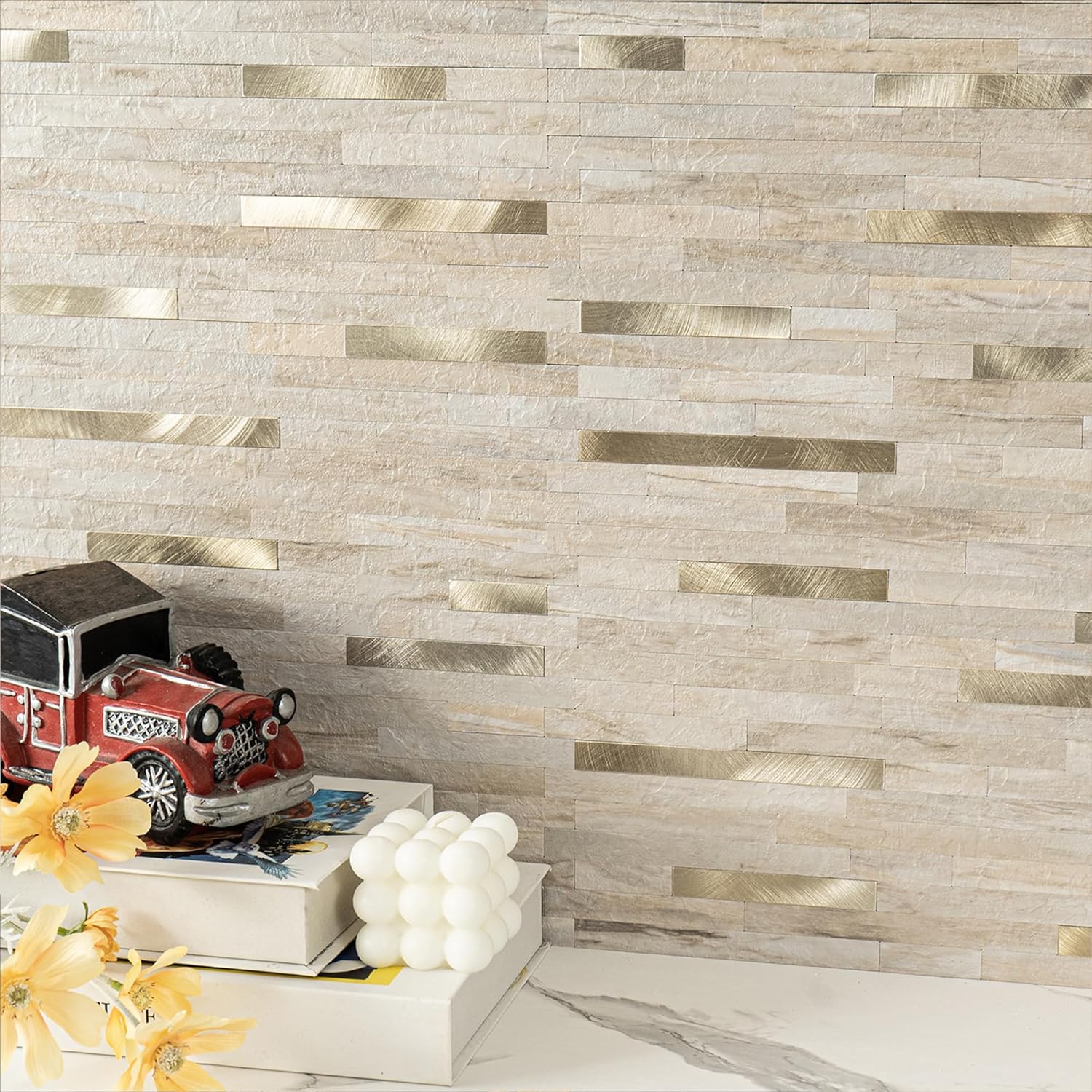 KASARO 20 hojas de azulejos adhesivos de PVC para pared de cocina, azulejos de mosaico adhesivos de PVC con rayas adornadas vintage de metal,