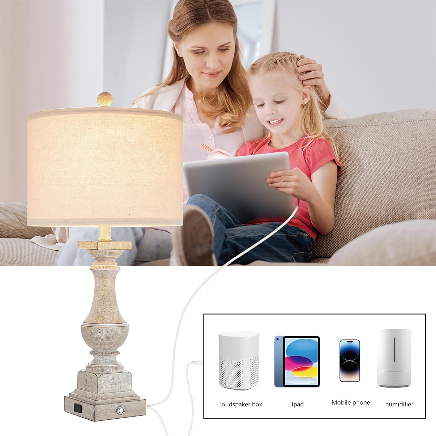 Kyrid Juego de 2 lámparas de mesa regulables de 3 vías de 25.5 pulgadas con control táctil rústico con puertos de carga USB duales para dormitorio,