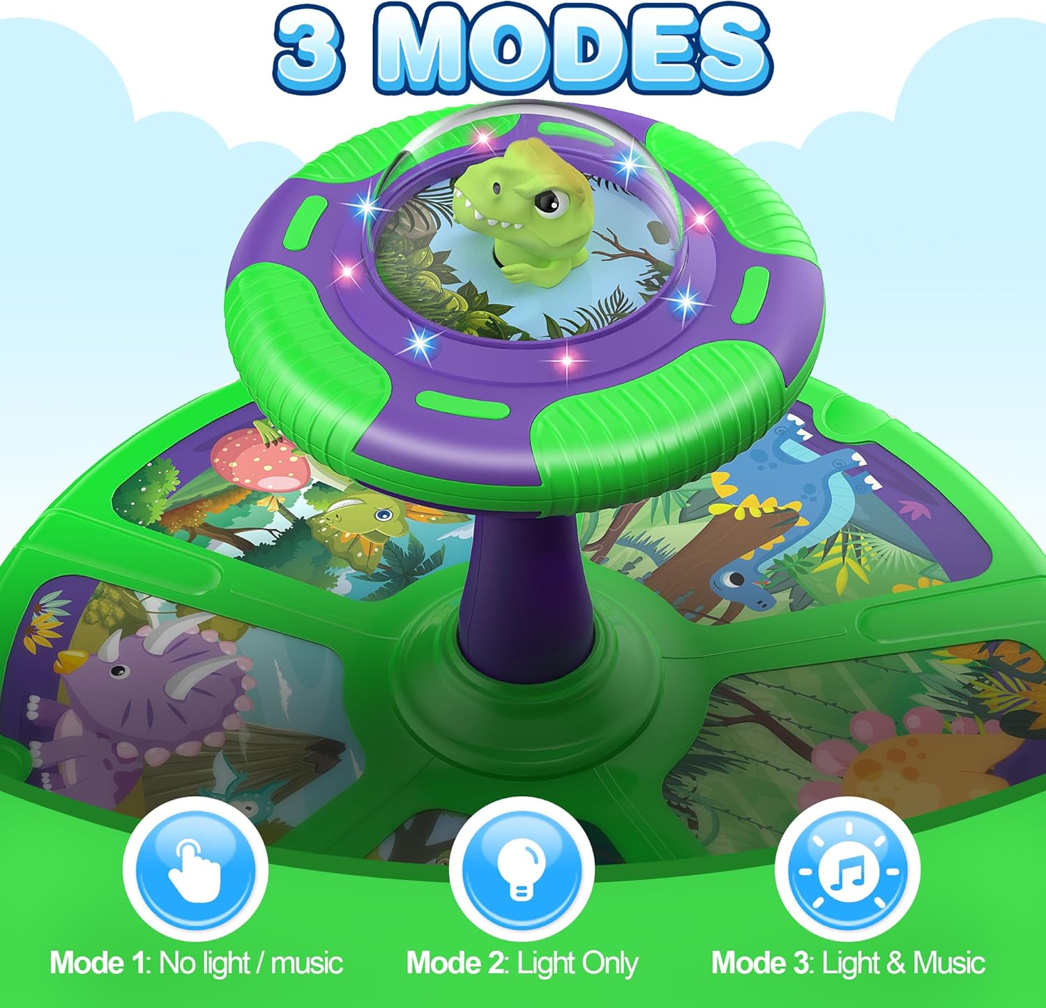 Dinosaurio sentado y giro, 360 Sit and Spin, juguete para niños pequeños de 1 2 a 3 años con LED y música, regalo de cumpleaños para niños y niñas