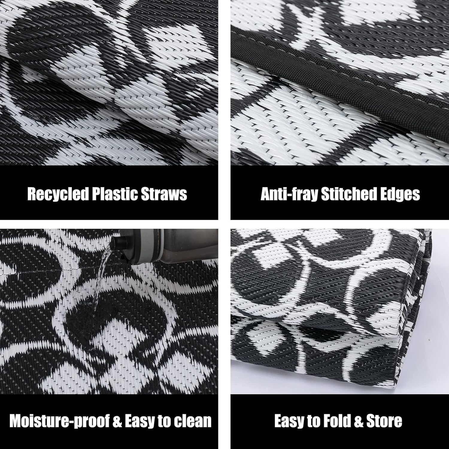 RV Outdoor Rug Waterproof Mat Outdoor Rugs 9’x12′ for Patios Clearance Carpet Outdoor Camping Rugs Large Plastic Straw Rug(9x12ft Clover Black&White)
