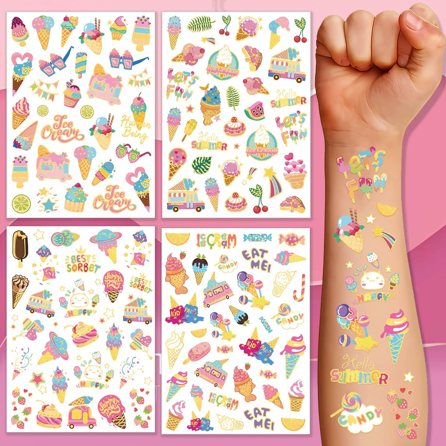 Tatuajes temporales de helado para niños, recuerdos de fiesta de verano, más de 80 estilos de tatuajes falsos metálicos para niños y niñas,