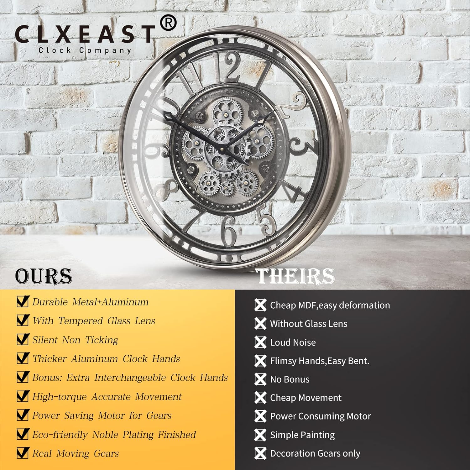 Reloj de pared original con engranaje móvil real, moderno, industrial steampunk, reloj de pared grande para decoración de sala de estar y casa de