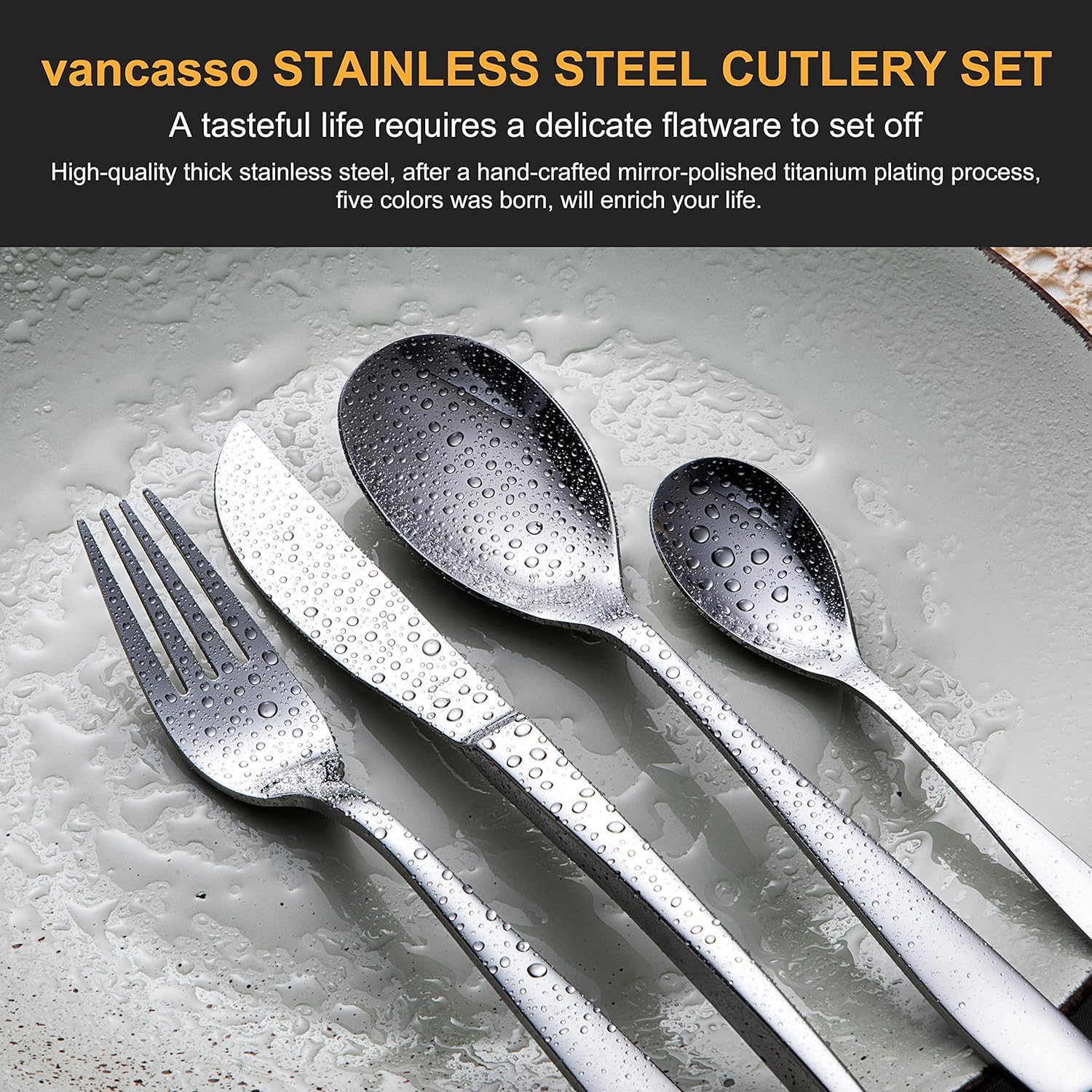 vancasso Cubiertos de acero inoxidable de 48 piezas, juego de cubiertos de acero inoxidable, vajilla para 12 personas, cuchillo, tenedor, juego de