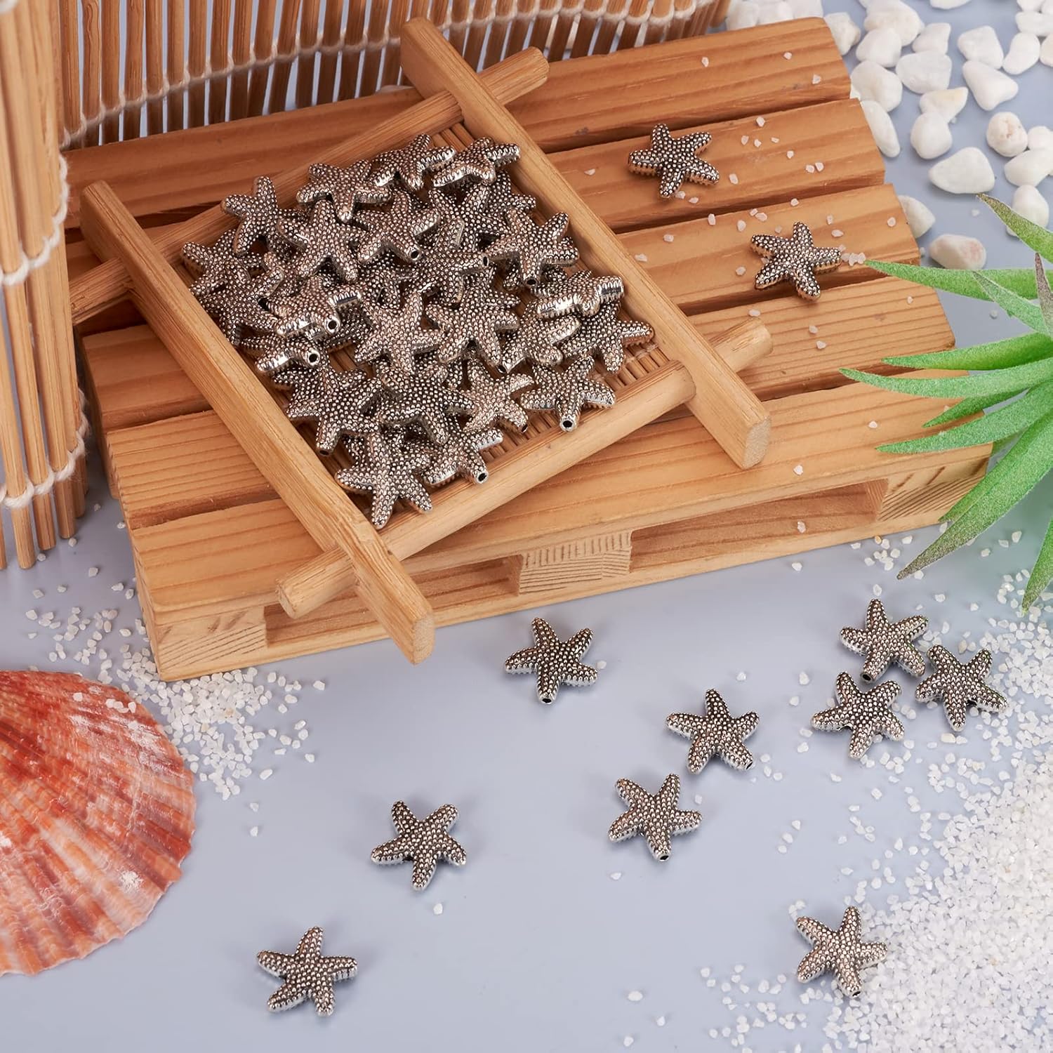 Cheriswelry 100 cuentas de aleación de estrella de mar de plata antigua de 0.531 in, cuentas espaciadoras de estrellas de mar estilo tibetano,