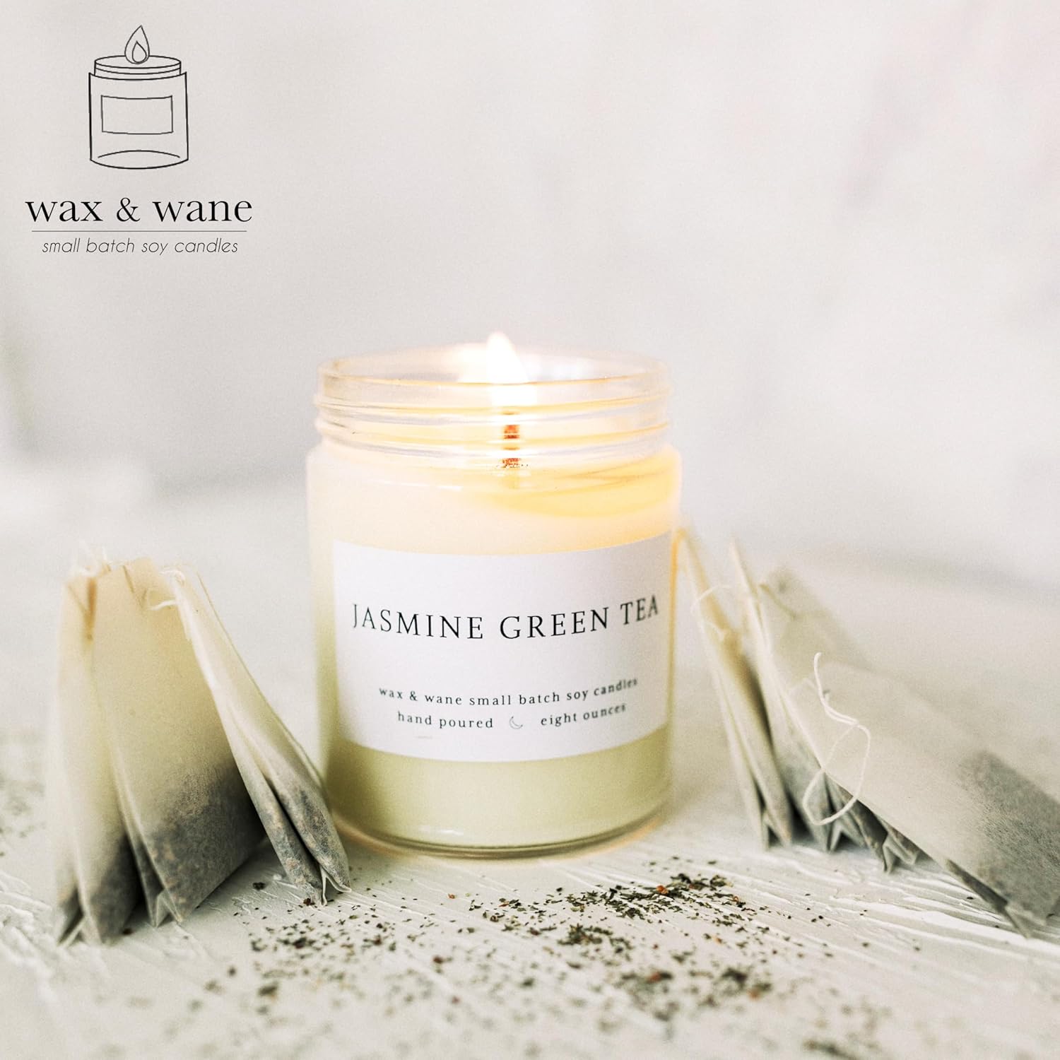 Wax & Wane Jasmine Green Tea Modern 8oz Handmade Candle For Men and Women – Long Burning 40+ Hours Candles For Home, Bedroom, and Bathroom – 100%