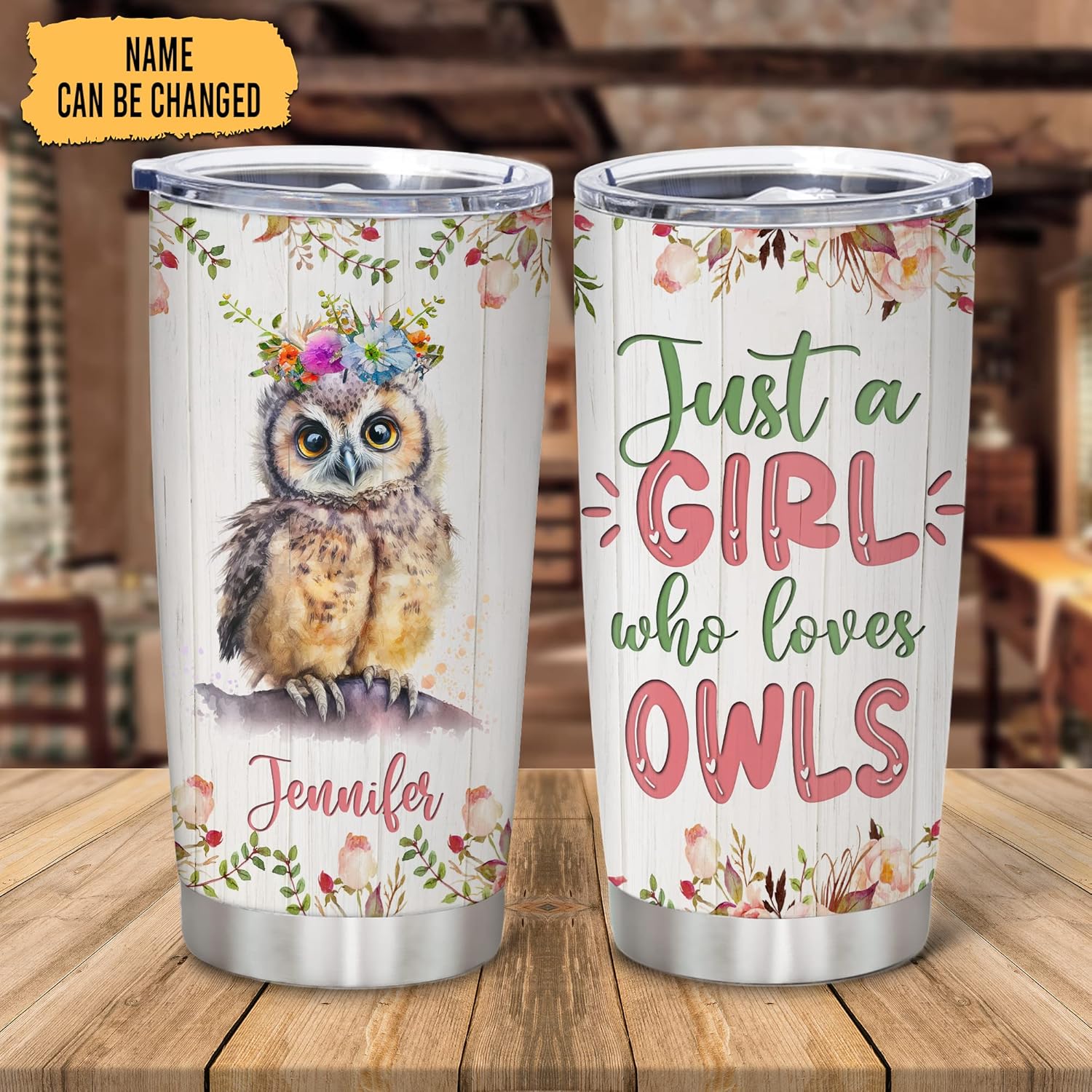 Hyturtle Vaso personalizado para amantes de los búhos  Just A Girl Who Loves Owls – Vaso de café de acero inoxidable con nombre personalizado, 20