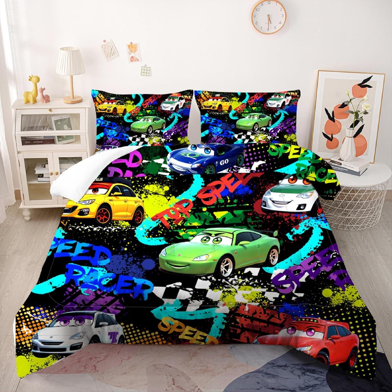 NMPICO Juego de ropa de cama individual para niños y niñas, juego de ropa de cama de coche de carreras coloridos juegos de ropa de cama de automóvil