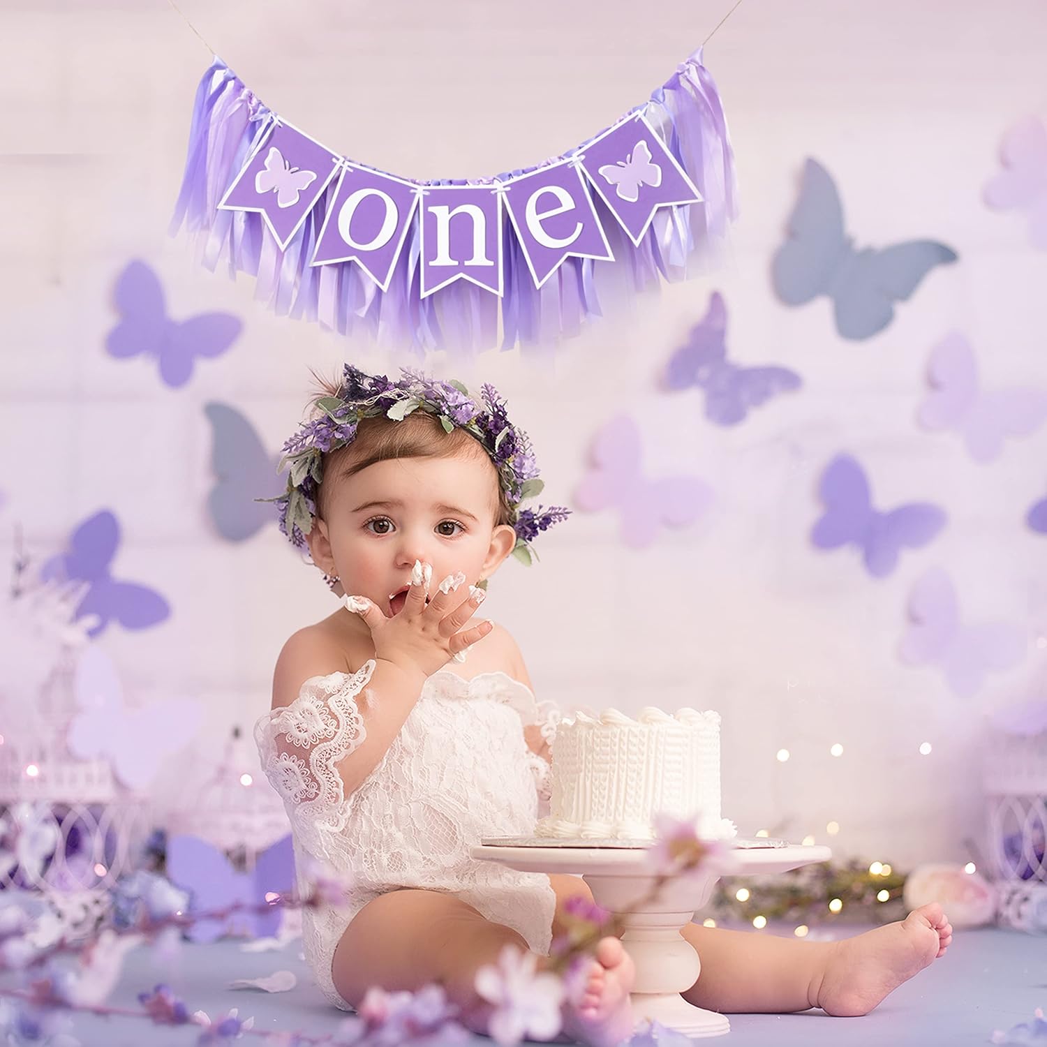 Cartel de mariposa para silla alta  Decoración de mariposa para el primer y primer cumpleaños, tutú de silla alta de mariposa para primer