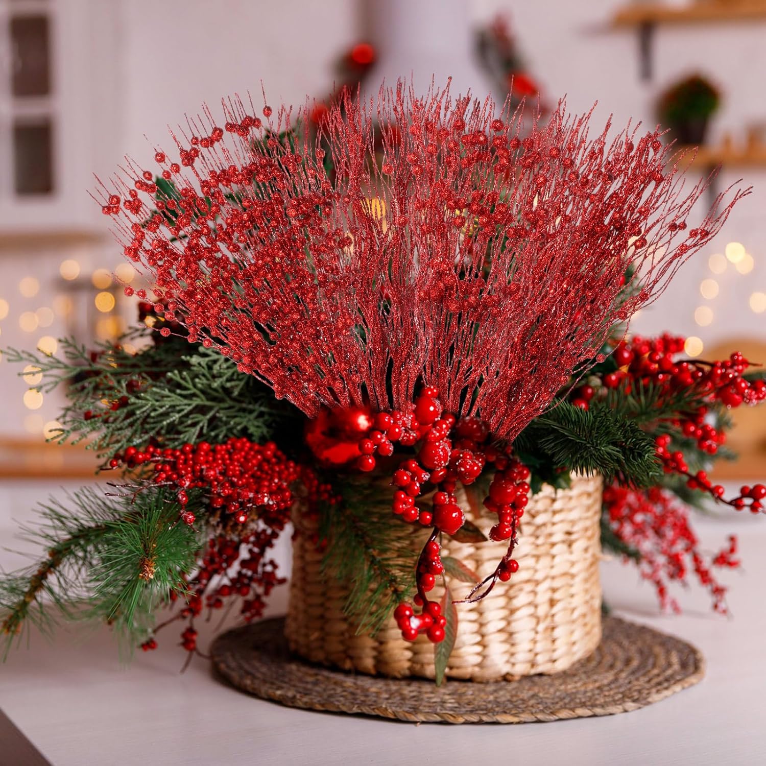 36 tallos de bayas artificiales con purpurina de 17 pulgadas, 15 pulgadas, 4 estilos, ramas grandes con purpurina para árbol de Navidad, corona de